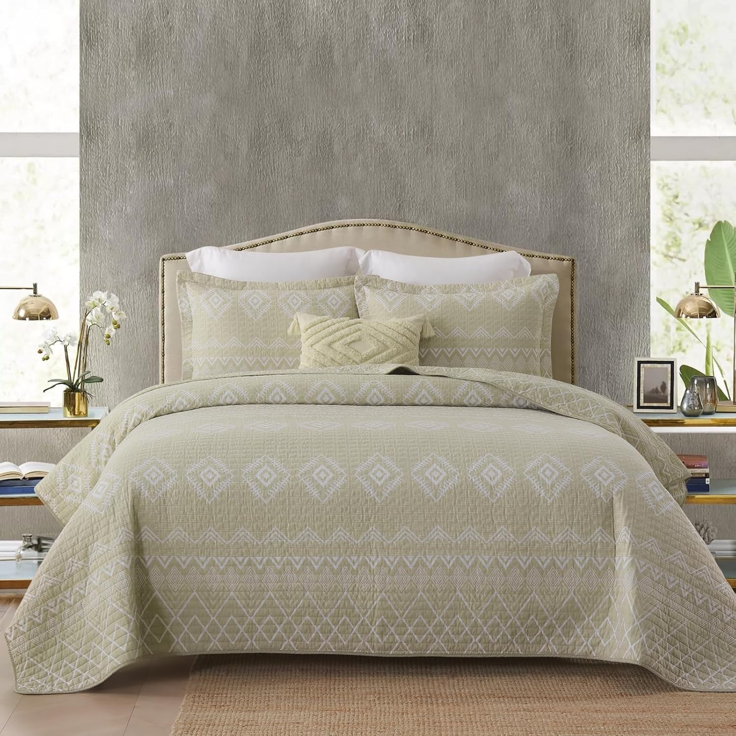 Finlonte Quilts Queen Size Sets, 100 Cotton Lightweight Boho Queen Bedspread, Beige
