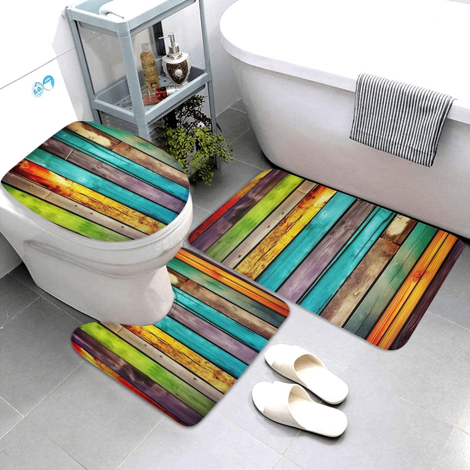 Dwrepo Colorful Wooden Boards Print Bathroom Rug Set 3 Piece with Non-Slip U-Shaped Contour Mat and Toilet Lid Cover for Bathroom Decoration