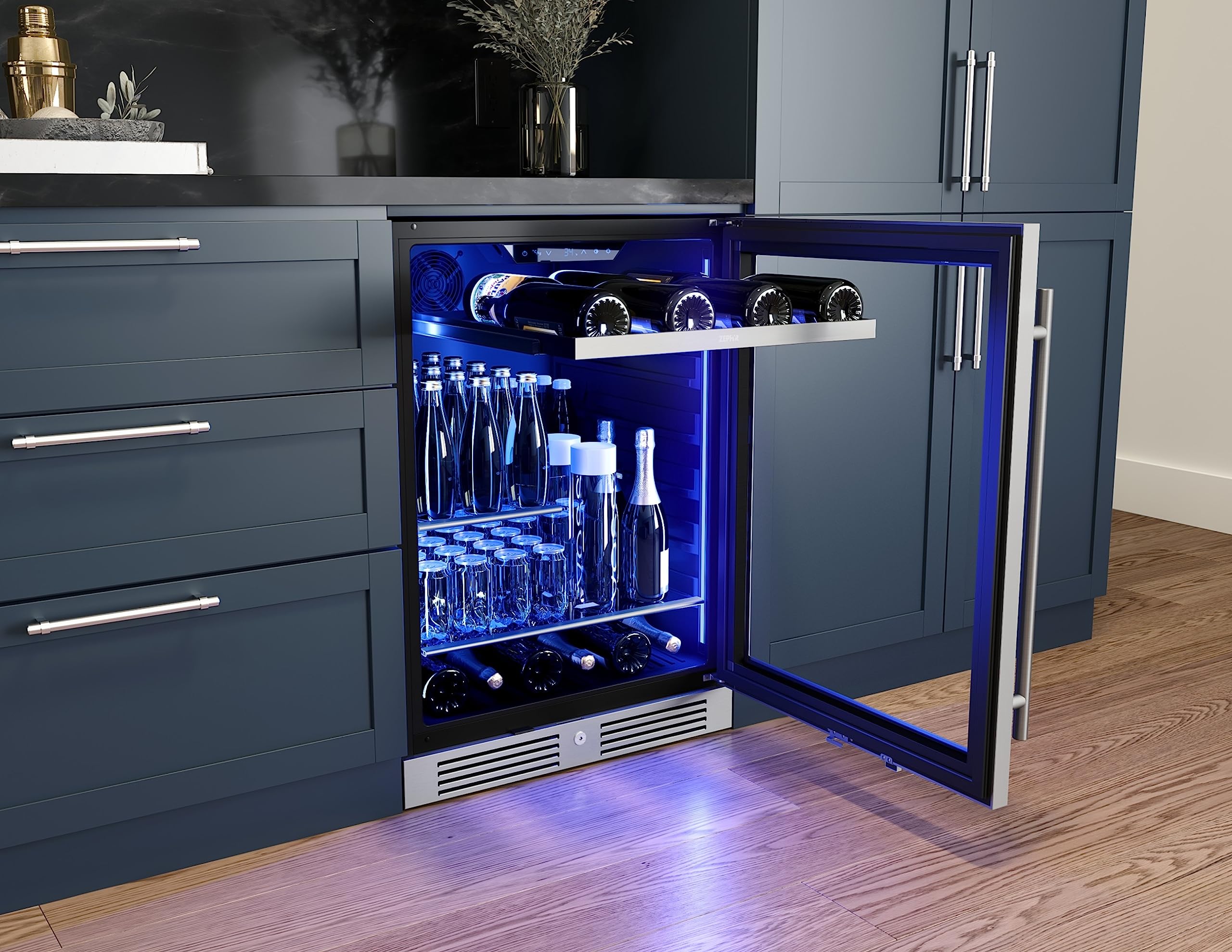 Zephyr Presrv 24 Inch Beverage And Wine Fridge Single Zone Under Counter, Built-In Drink Refrigerator, 7 Bottles, 108 X12oz Cans on Fridge.com - View 3