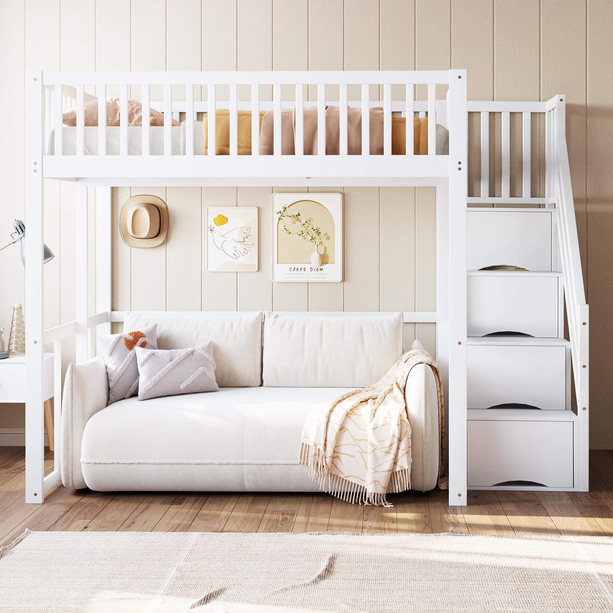 Soweiz Letto a soppalco con scala di sicurezza con vano portaoggetti, bordo di sicurezza, telaio in pino massiccio, adatto per bambini, adolescenti e adulti, 140 x 200 cm (bianco)
