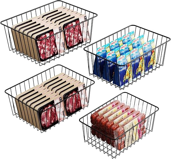 iSPECLE Upright Freezer Organizer Bins - 4 Pack Freezer Baskets for 16/17 / 21 Cu.Ft Stand up Freezer, Easily Get Food, Stop Food Fall out from Freezer Allow Air Circulation, 2 Large 2 Medium, Black
