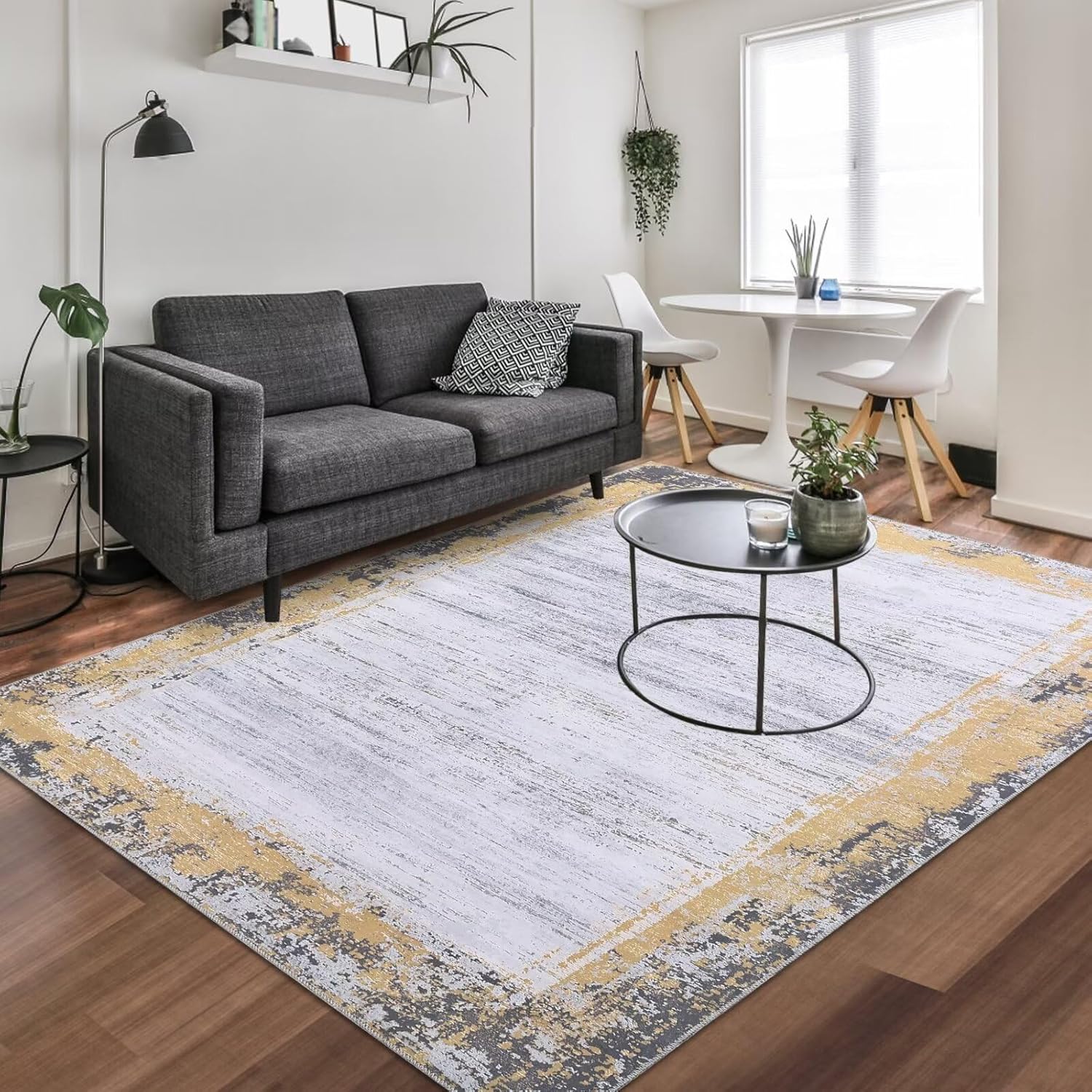 WESTLOOM Bordered Modern 8x10 Rug Machine Washable Area Rug Non-Slip Low Pile Indoor Carpet Non-Shedding Living Room Rug Contemporary Distressed Throw Carpet Large Accent Rug Foldable Thin Rug Yellow