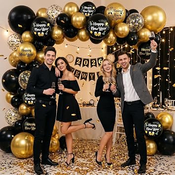 Happy New Year Balloons 50 Pcs 12 Inch 2026 Black Gold Balloon New Year