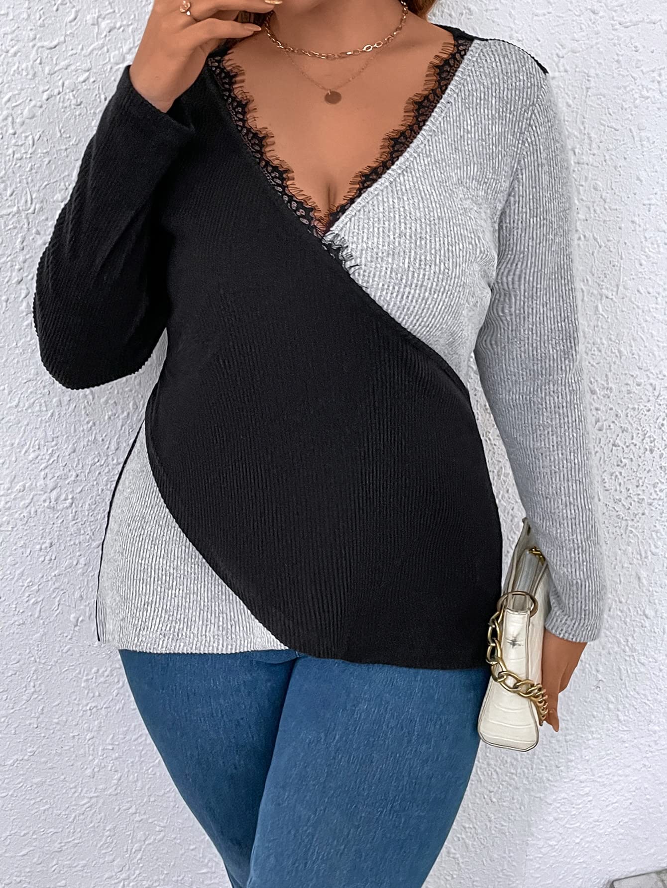 DSUBAN T-shirt Plus Two Tone Eyelash Lace Trim Tee (Color : Black and White, Size : 0XL)