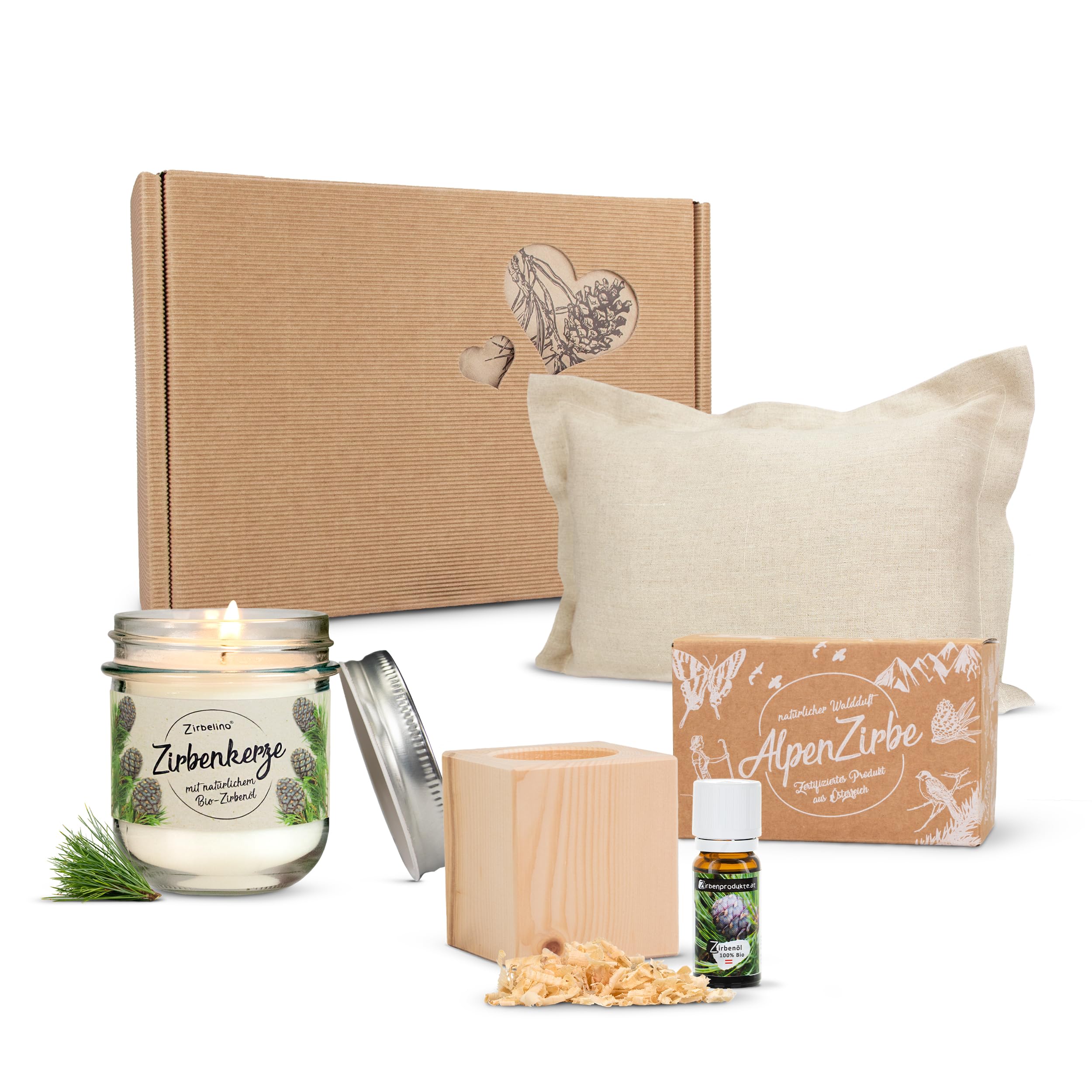 Zirben Erlebnis Geschenksbox Nr.5: Bio-Zirbenkissen mit ZirbenWürfel-Set und Zirbenduftkerze