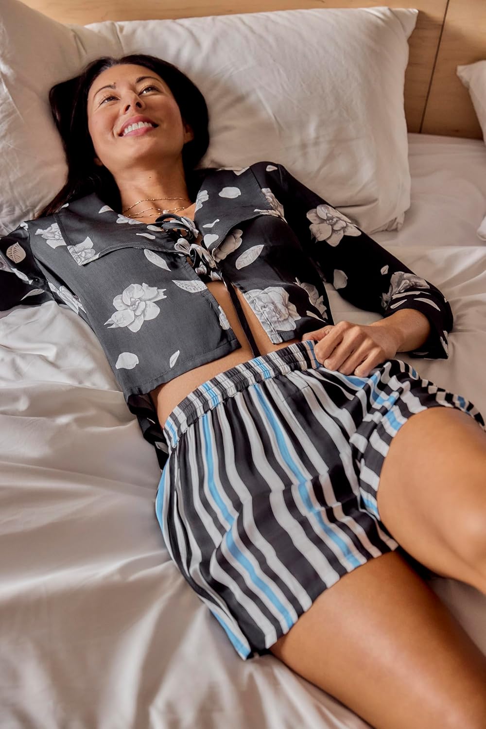 Luxury Satin Loungewear Pajama Top with Lapel Collar & Tie Front Closure in Black & White Gardenia Flower Print - Image 9