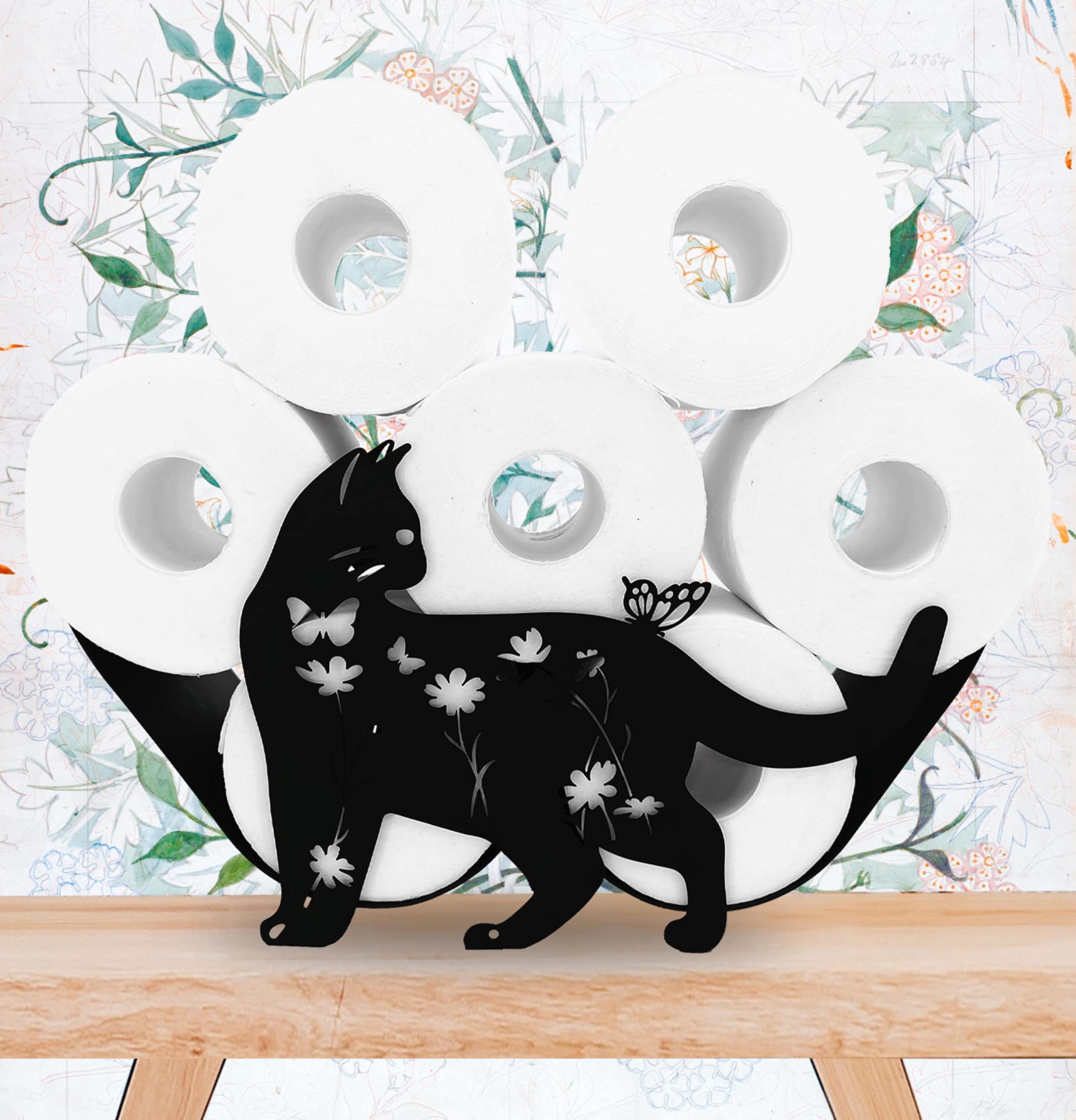 Toilettenpapierhalter, schwarzer Katzen-Toilettenpapierhalter, dekorativer Metallpapierhalter, freistehender Metall-Toilettenpapier-Organizer, hält zusätzliche 8 Rollen