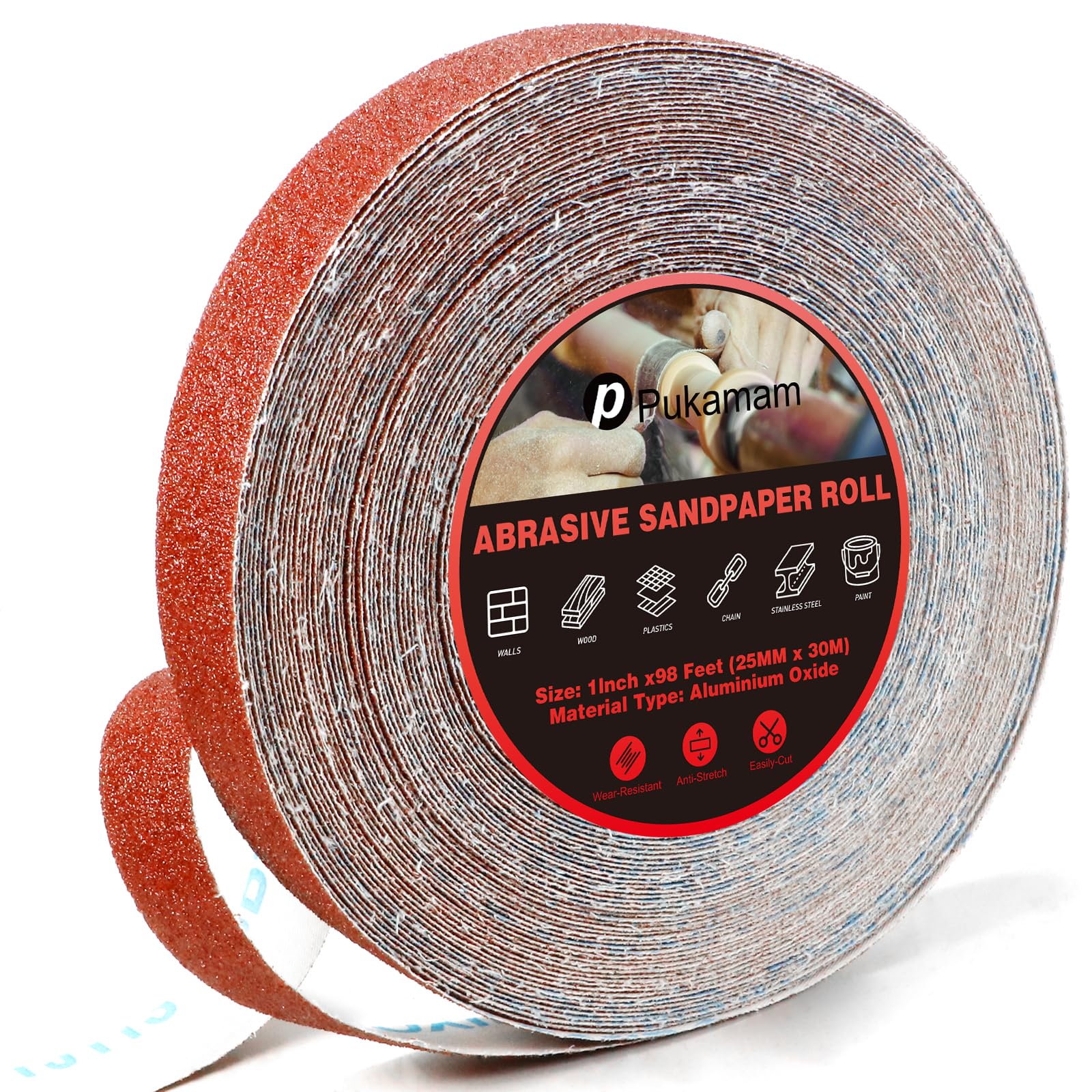 Emery Cloth Roll, 60 Grit Sandpaper Roll, 1" x 98 Feet Long Red Continuous Sand Paper Roll, Wet and Dry Emory Cloths for Metal, Polishing and Surface