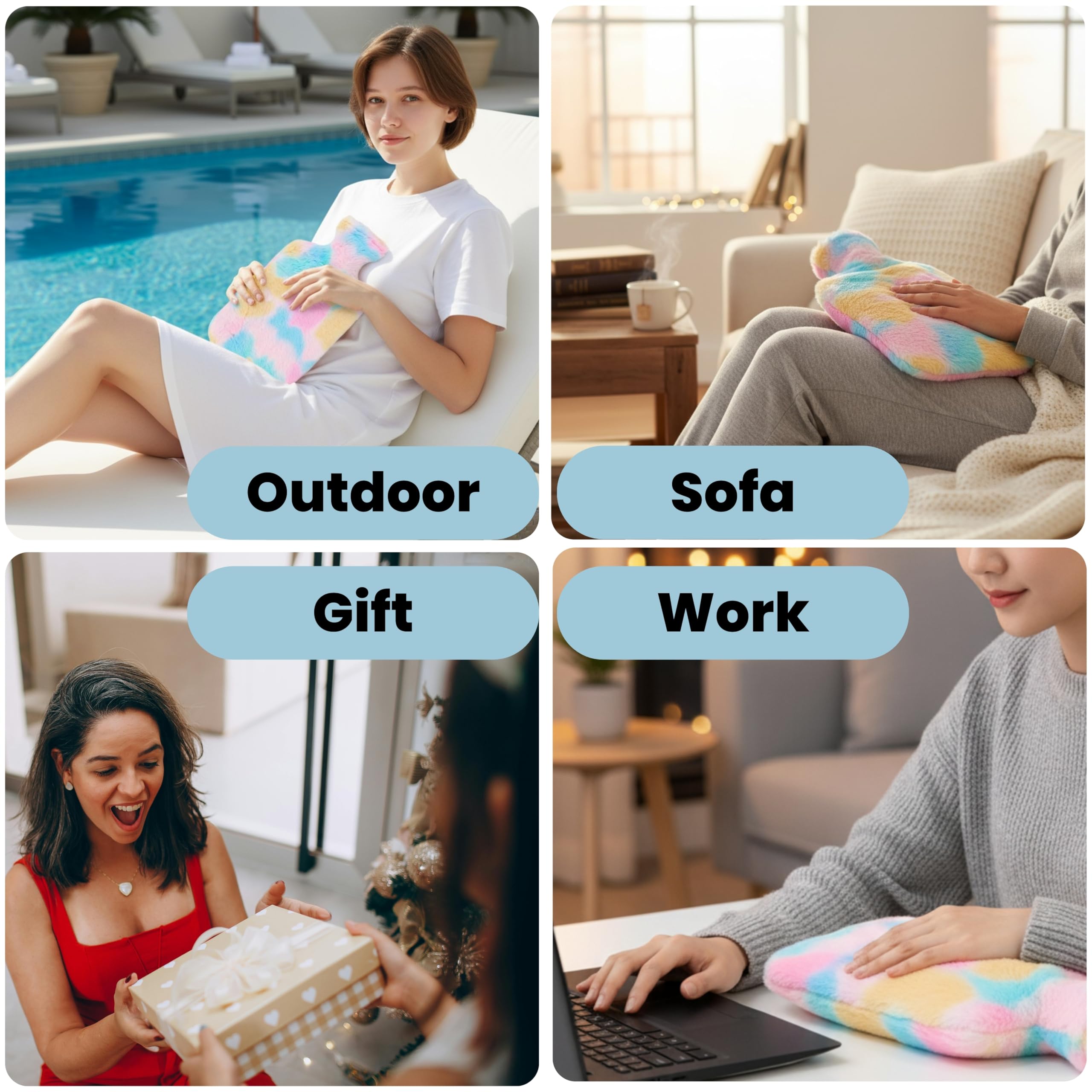 HARIHUB Hot Water Bag with Soft Plush Cover 2000 ml β Leakproof Hot & Cold Therapy Heating Pad for Period Comfort, Muscle Relaxation & Everyday Warmth (Rainbow) 4