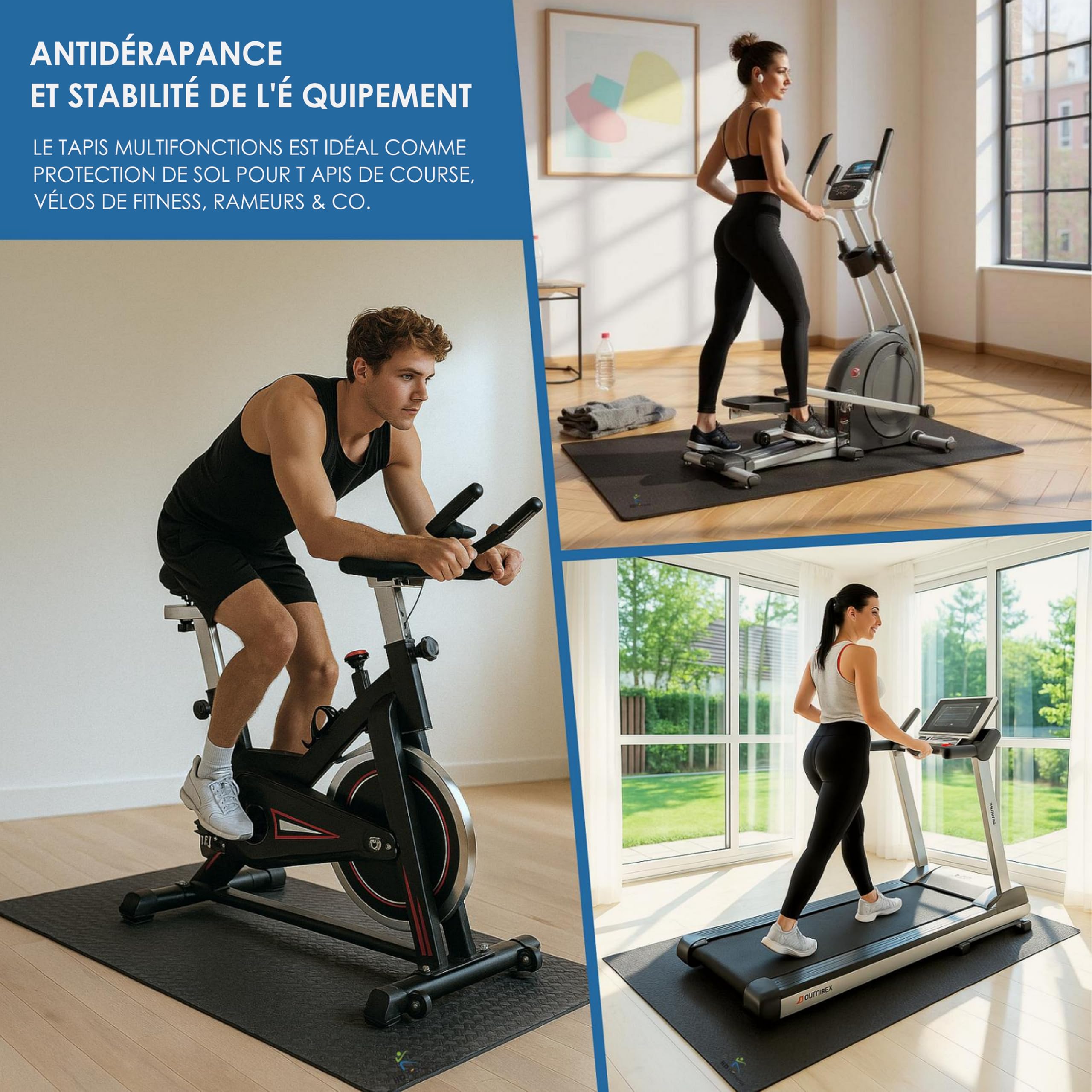 Tapis de Protection Sol Fitness EVA 200x100x0,7cm – Antidérapant et Antivibration pour Tapis de Course, Vélo d’Appartement, Rameur et Appareils de Gym – Noir/Gris/Bleu – Set 1/2/4