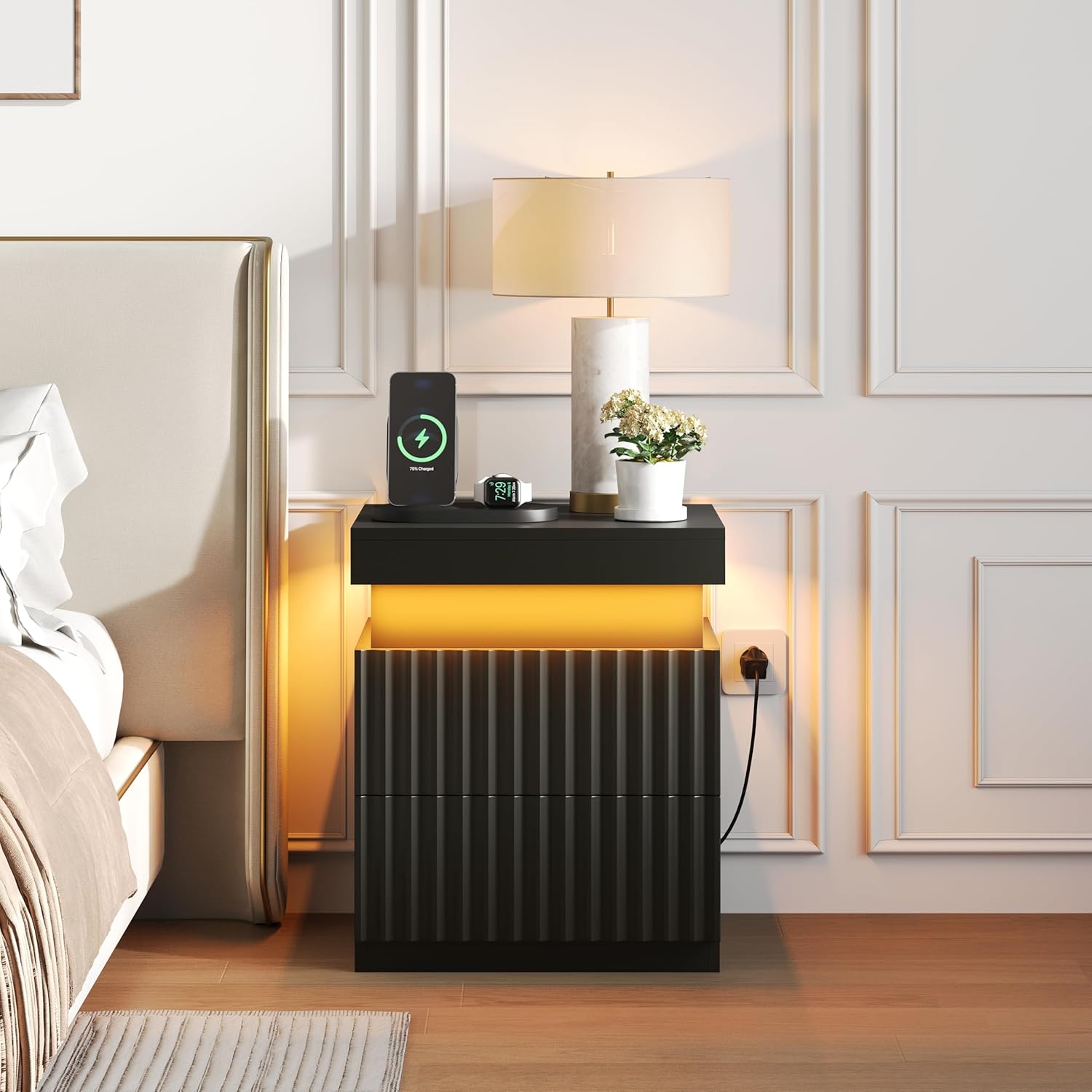 Nightstand Set of 2 Black Nightstand with Charging Station LED Night Stands with Drawers Modern Bedside Table with Sliding Top Night Table Fluted End Tables for Bedroom, Apartment, Dorm