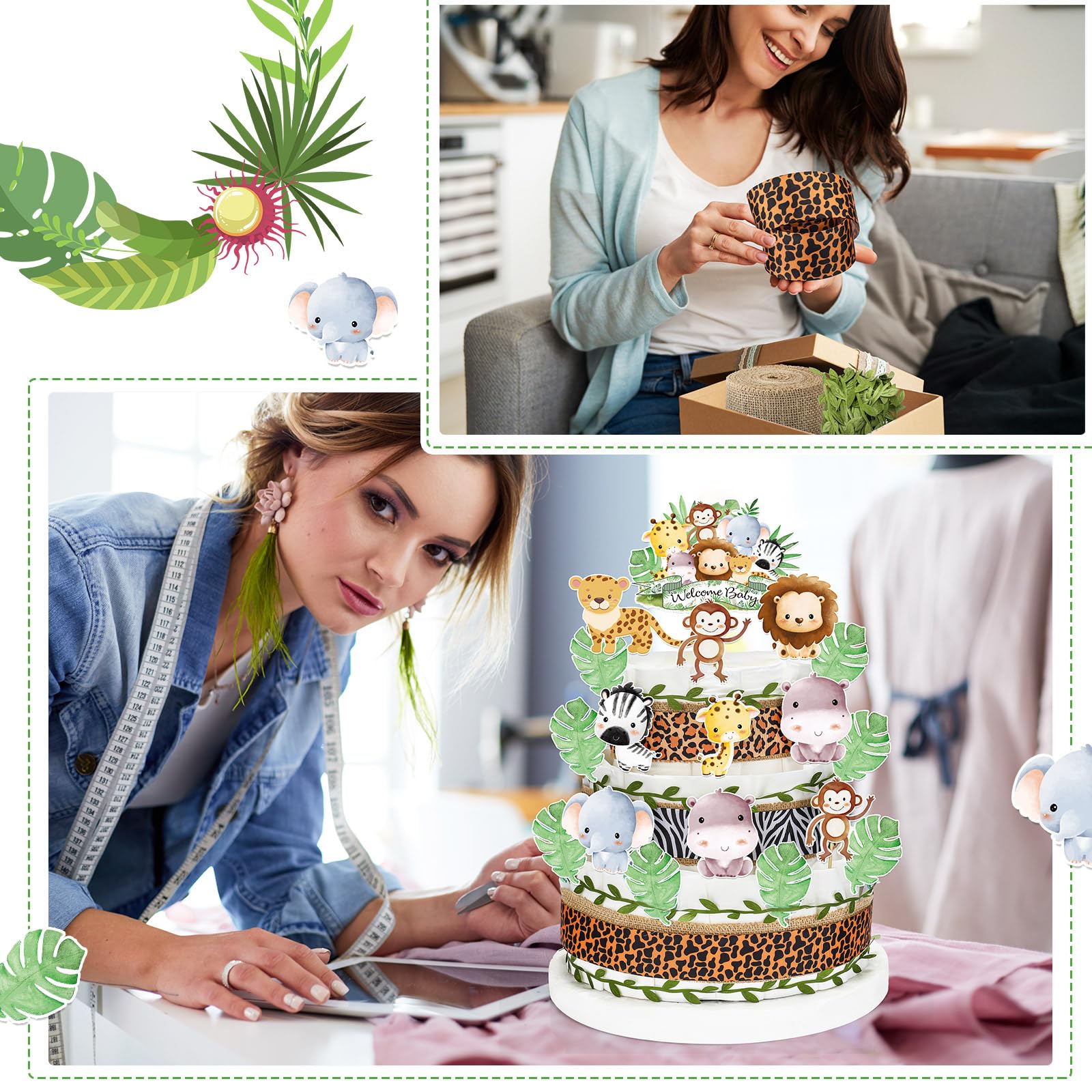 MotiMind Juego de 31 piezas de pasteles de pañales de animales de la selva, decoración de pastel de pañales para baby shower con recortes de animales de safari, cinta de hojas de arpillera, cinta con