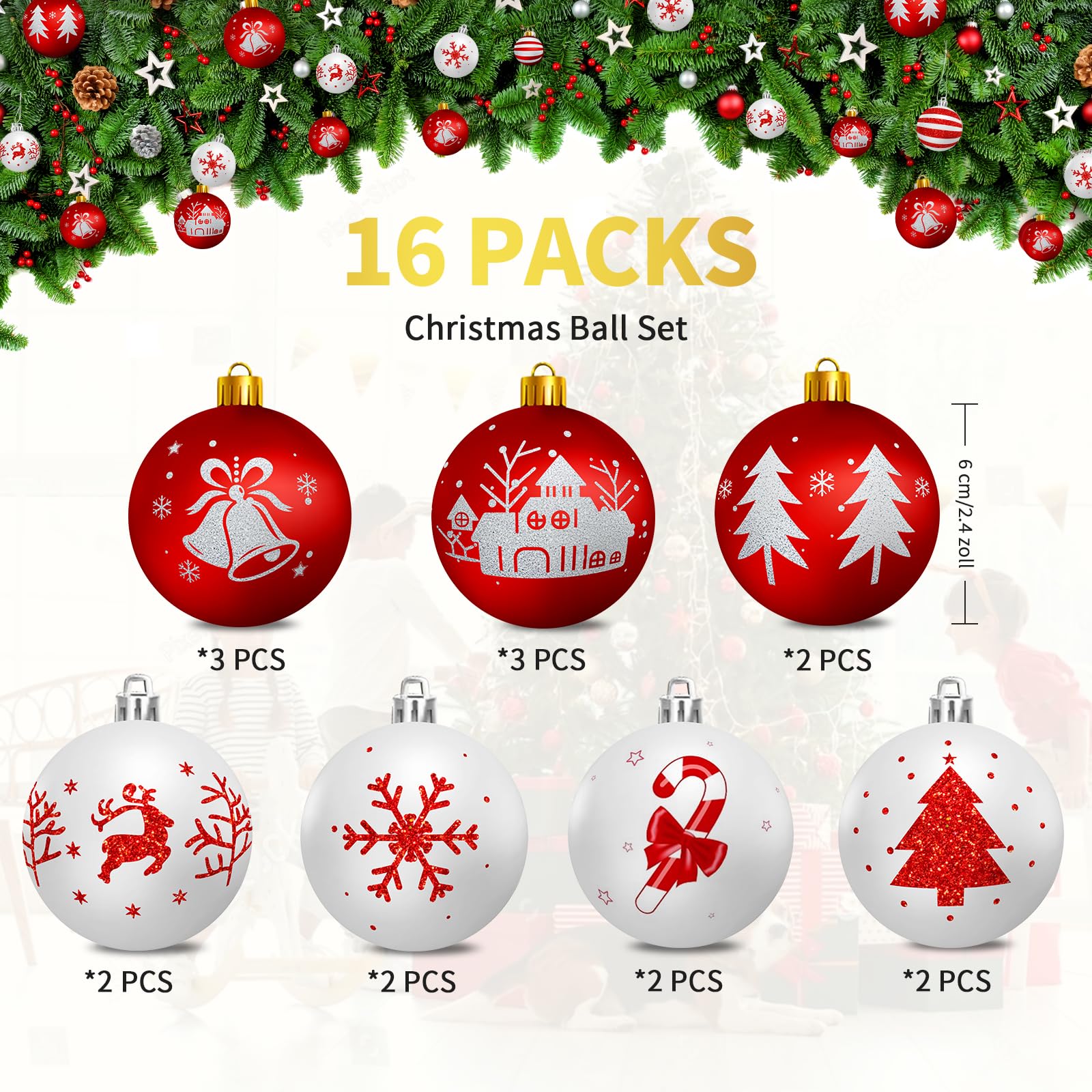 Bolas de Navidad Blancas y Rojas 16 PCS 6 cm Plástico con Gancho 7 Modelos