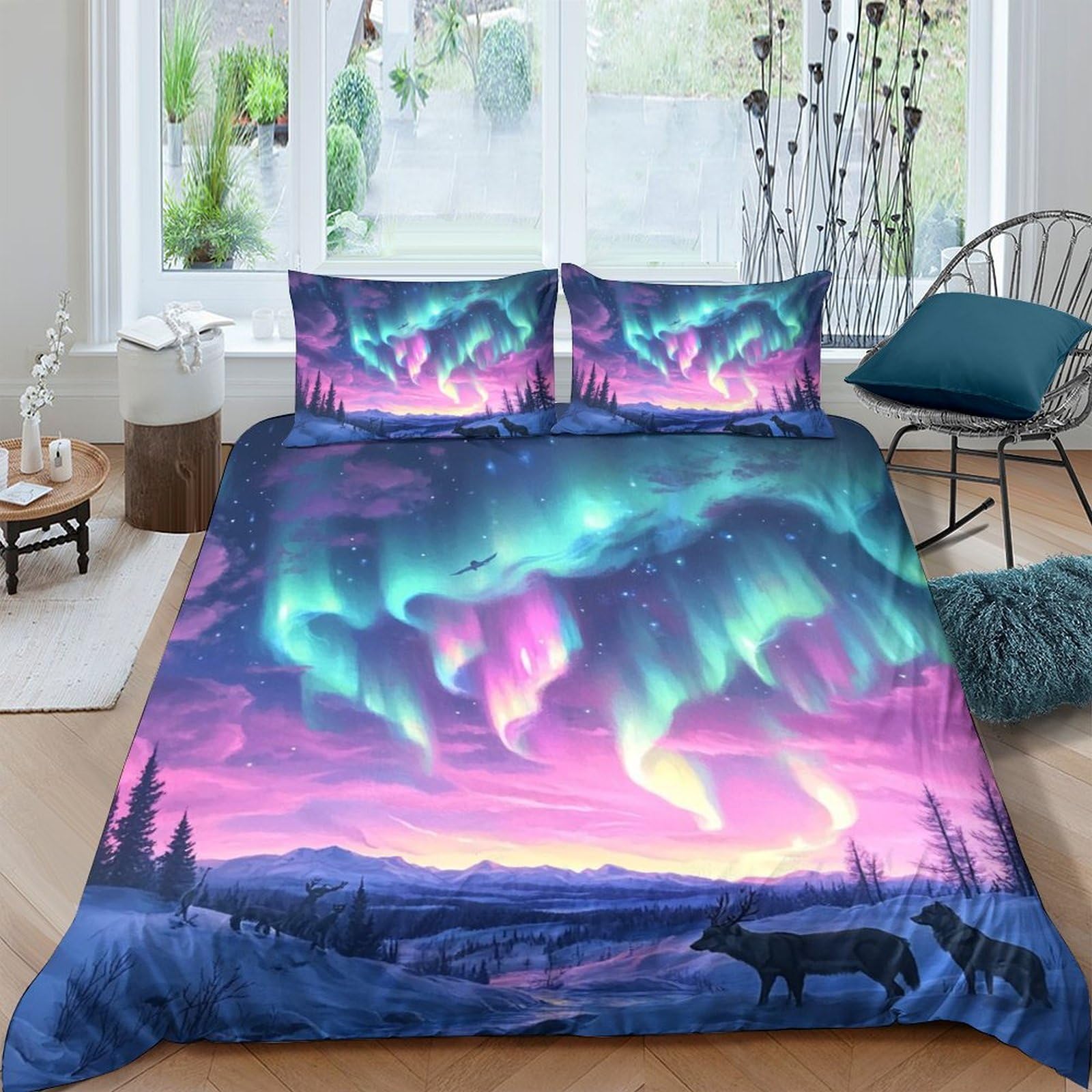 Ctjqhvkz Style-2 3D Printed Aurora Borealis Fitted Sheet Microfiber Soft Breathable Wolf Forest Mattress Cover For Bedroom Dorm Decor Single（135X200cm）