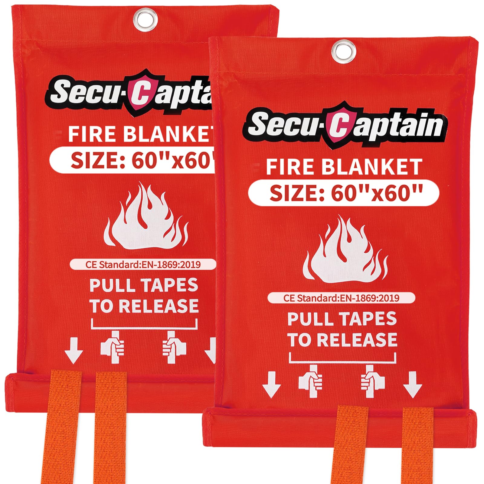 SecuCaptain Emergency Fire Blanket for Home - 2 Pack 60"x60" X-Large Flame Retardant Blankets with Fireproof Tabs for House Camping Kitchen Fire Protection Survival Safety