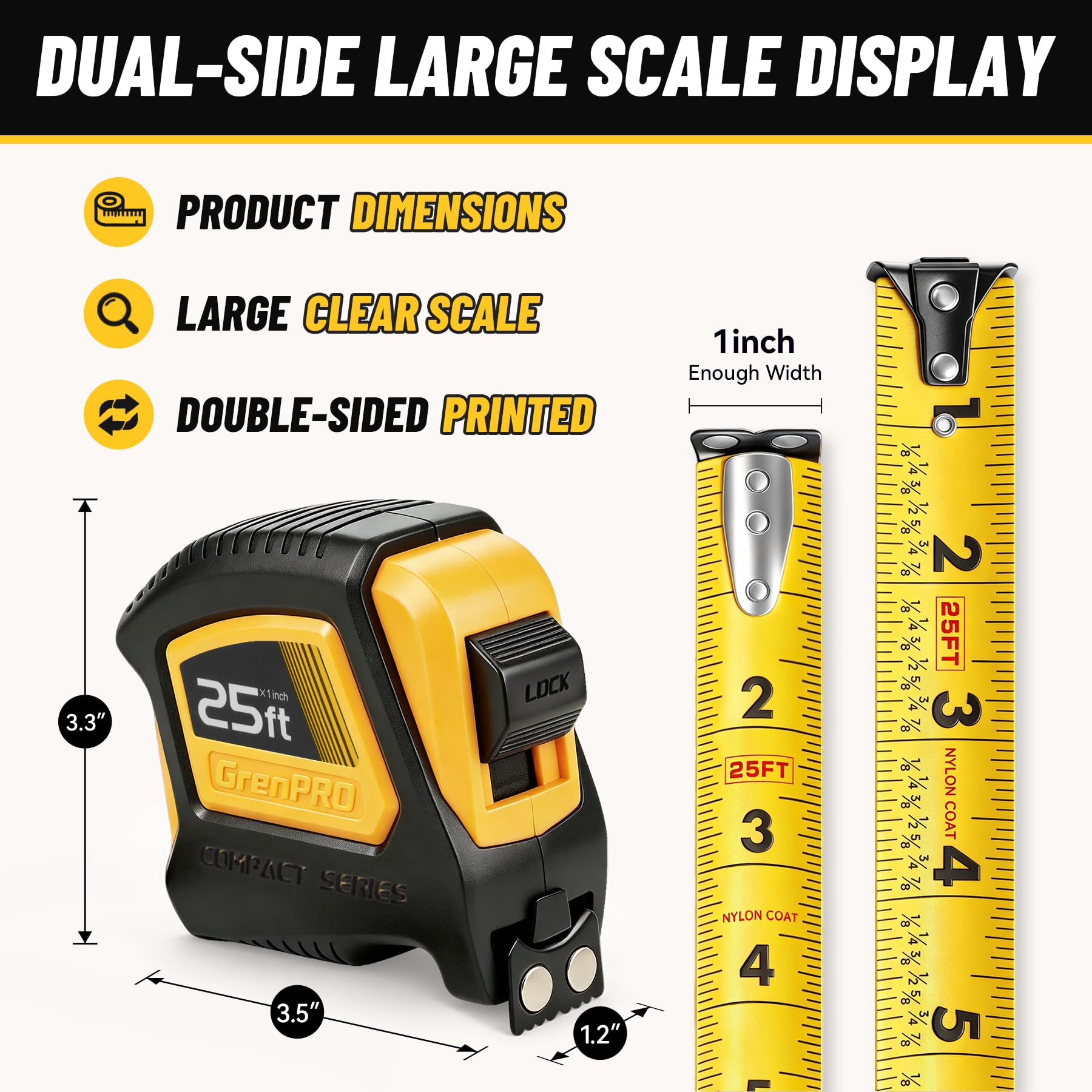 GRENPRO 25FT Magnetic Tape Measure, Double-Sided 1/32", Nylon Coated Blade — Amazon image 6