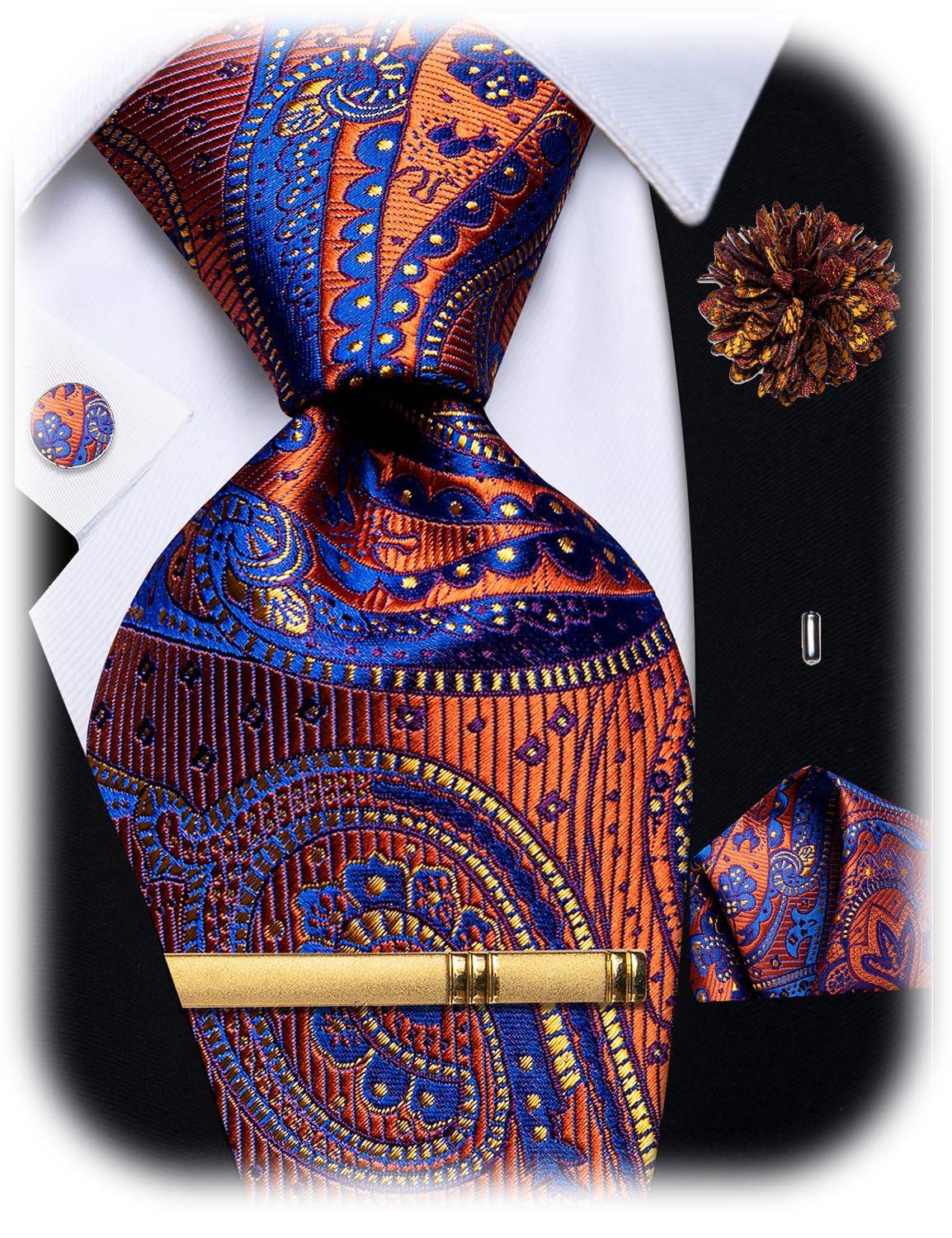 YourTies Silk Paisley Floral Tie and Pocket Square Cufflinks with Lapel Pin Sets for Men 5PC Wedding Party