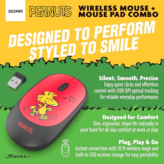 SOAR Peanuts Snoopy Mouse and Mouse Pad Combo, Snoopy and Woodstock Hug - Red