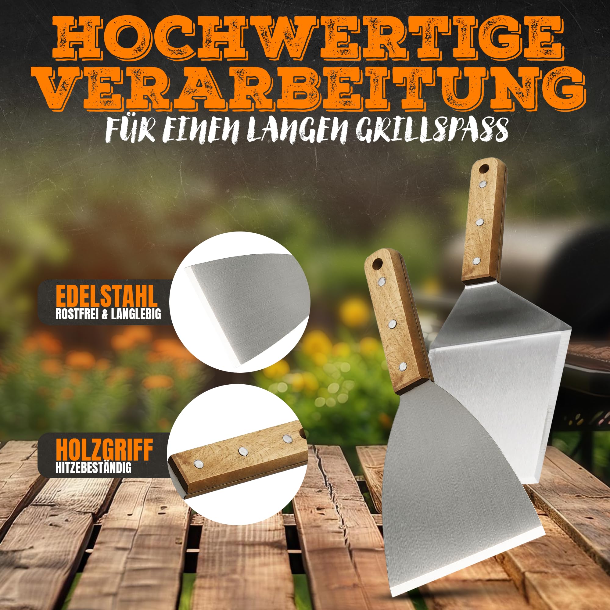 Smash Burger Set – 4-teiliges Burger Set aus Edelstahl & edlen Holzgriffen – inkl. Burgerglocke für extra Aroma - Plancha Zubehör für Smash Burger – Burger Presse, Spachtel, Wender & Glocke
