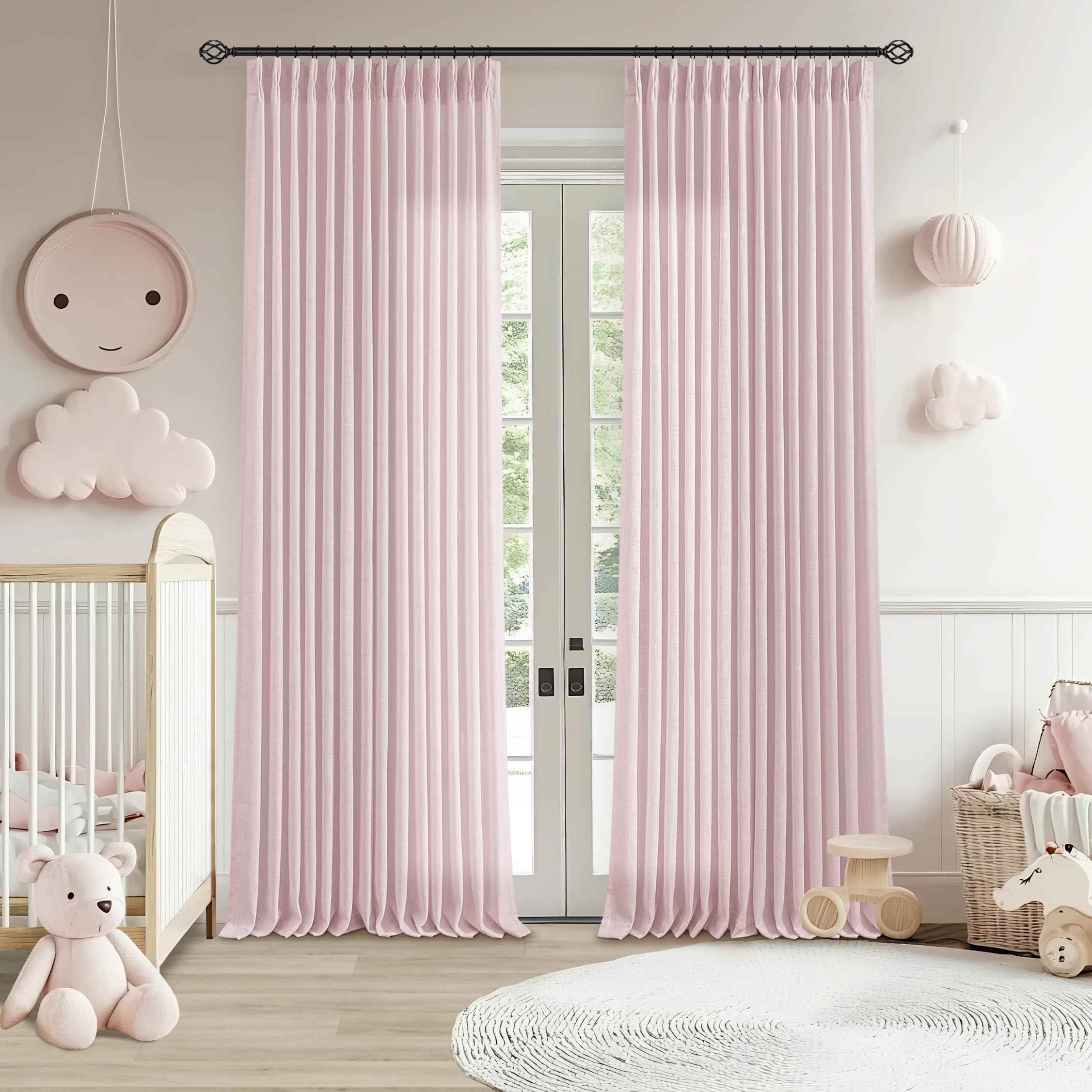 Light Pink Linen Pinch Pleat Curtains 90 Inch Length 2 Panels Set 40x90