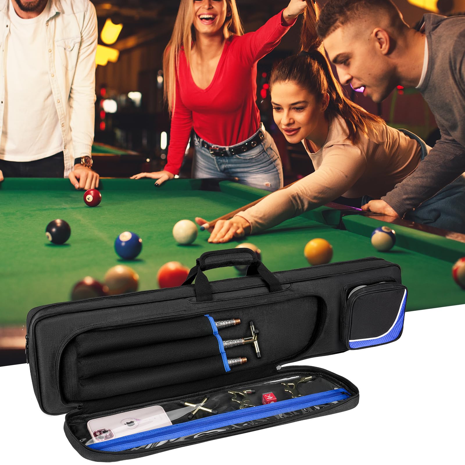 Billardqueue-Tasche für 4 x 5, Pool-Stick-Tragetasche für 4 Hintern und 5 Schäfte, Billardqueue-Tasche mit 14 Taschen und Schultergurten