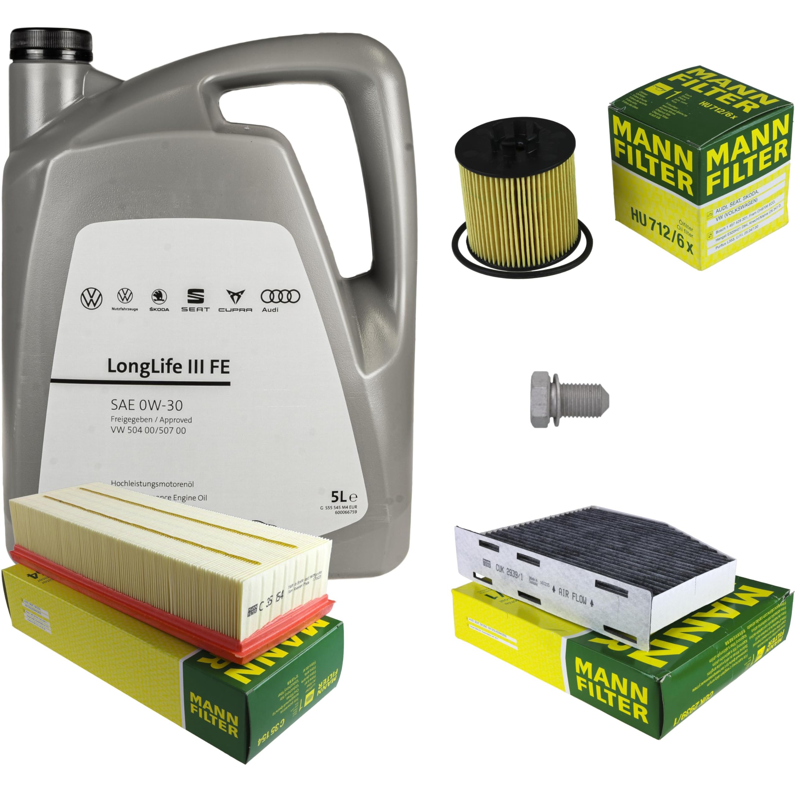 Pacchetto di ispezione pacchetto di manutenzione filtro con 5 l 0W-30 olio motore LongLife 3 FE, filtro dell'olio, filtro dell'aria abitacolo (carbone attivo) vite di scarico dell'olio