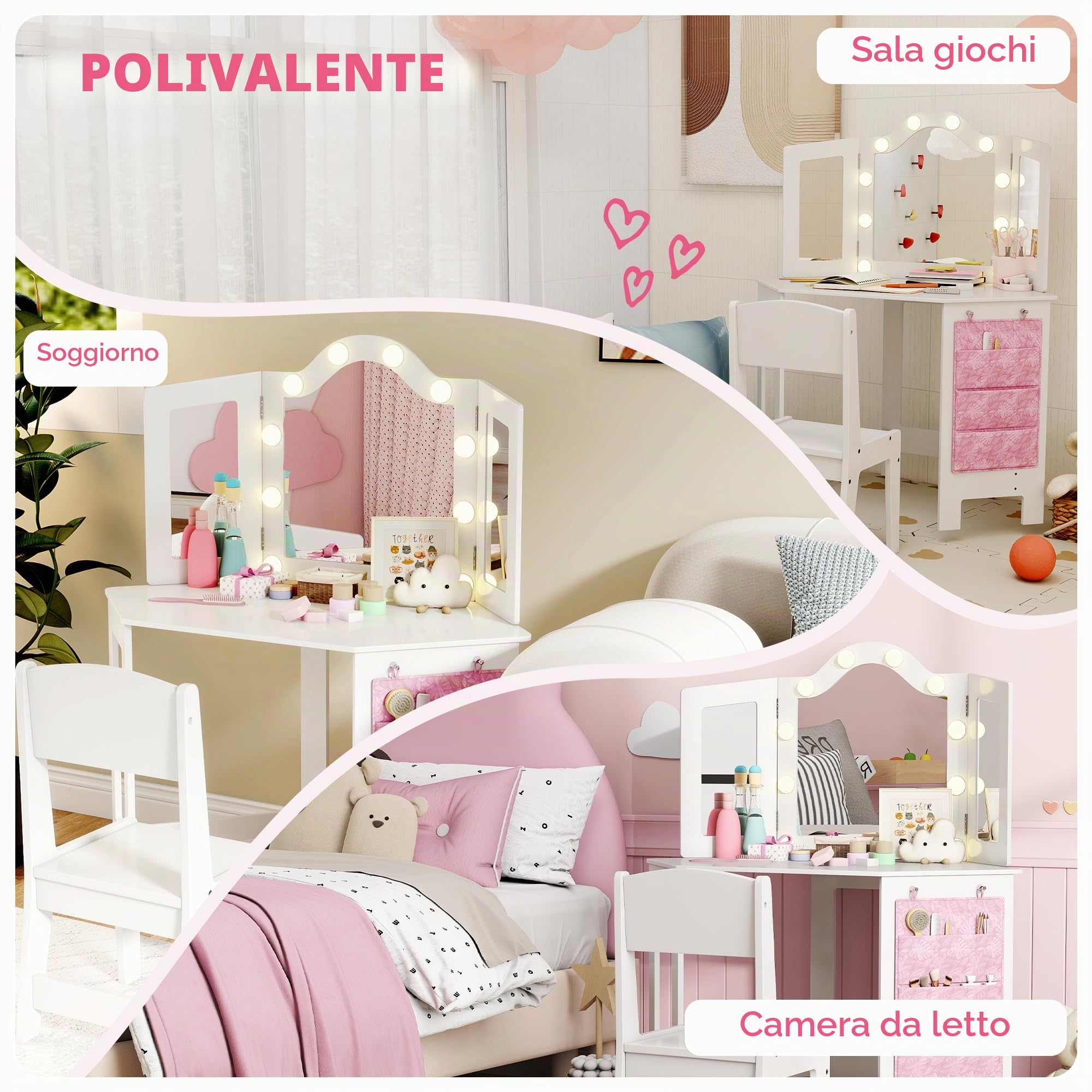 AIYAPLAY Tavolino da toilette per bambini 2 in 1 con sgabello, scrivania per bambine con specchio trittico e luci LED bicolore, tasca laterale portaoggetti, tavolo da trucco per bambini dai 3 agli 8