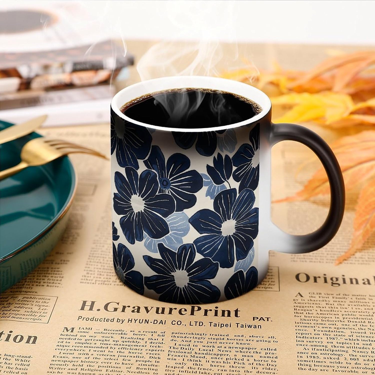 Color Changing Cups,Navy Blue Flowers Printed 11 Oz Ceramic Cups for Birthday Men Women