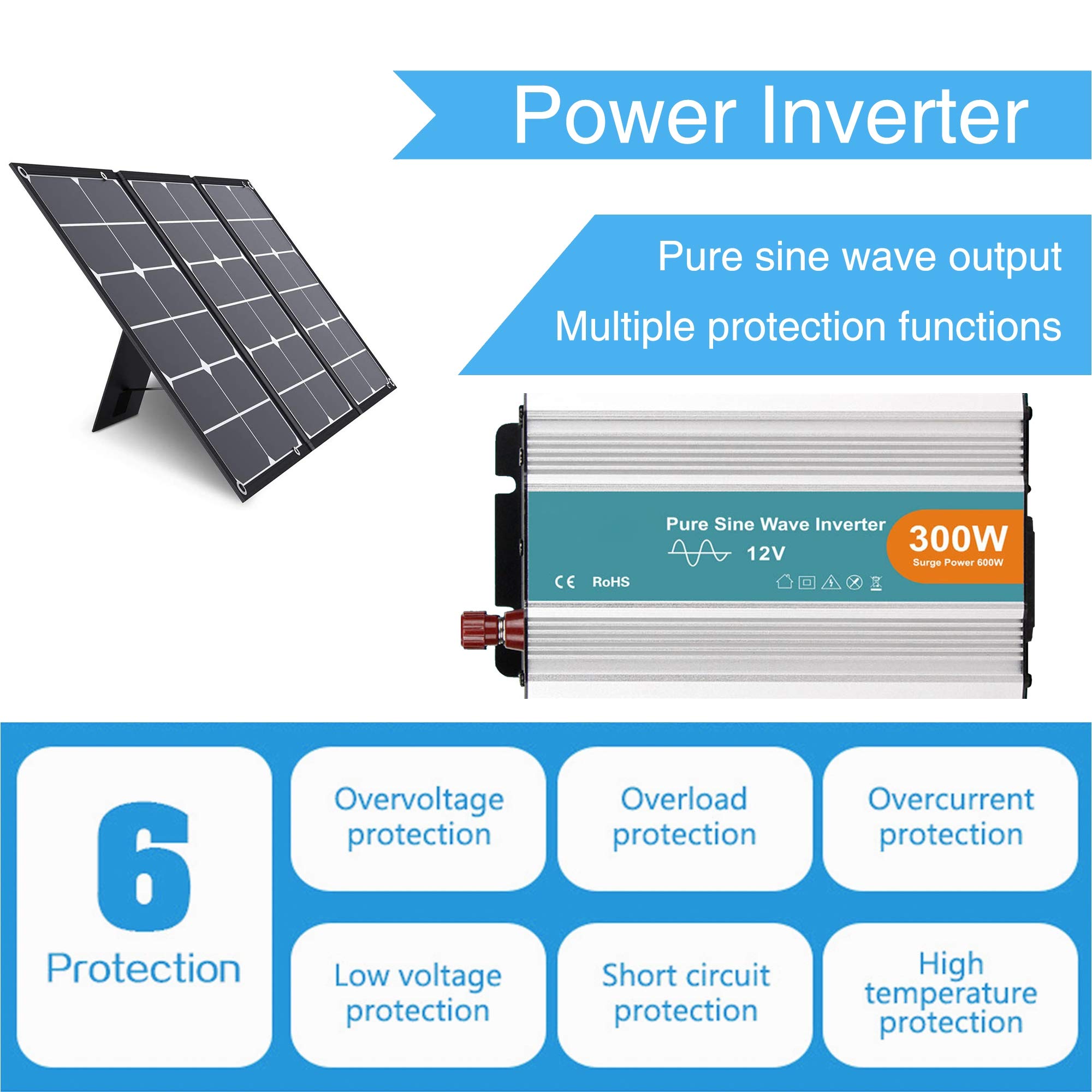 Inversor Corriente Onda Pura, 300 W / 600 W / 1000 W Inversor de Corriente DC a AC, con Toma de AC y Puerto USB, para Tableta, Computadora Portátil, Teléfono Inteligente