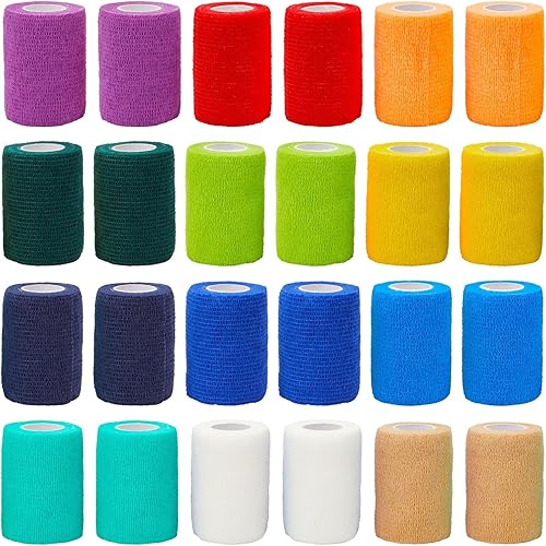 Juvale Vendaje autoadhesivo de 3 pulgadas x 5 yardas, cinta médica cohesiva elástica para veterinarios, primeros auxilios, tatuajes (12 colores), 24