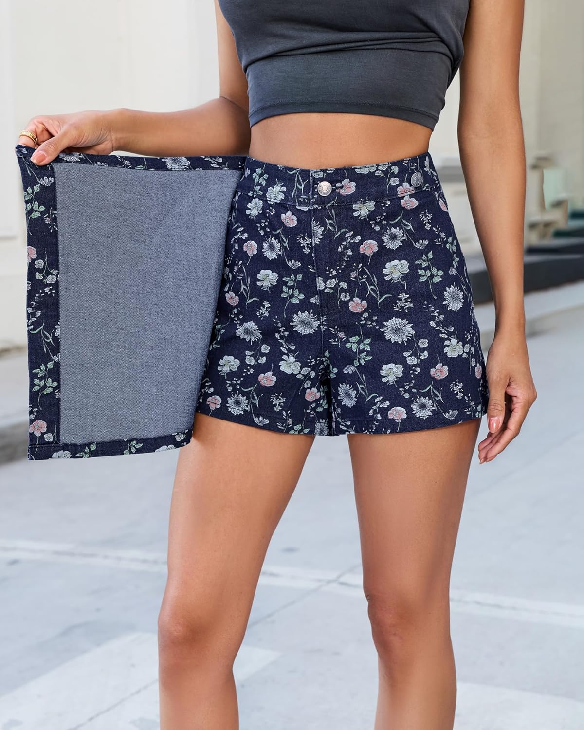 luvamia Denim Skorts for Woman Trendy Floral Print Faux Wrap Stretchy High Waisted Elasitc Waist Jean Shorts Skirt Skort - Image 5