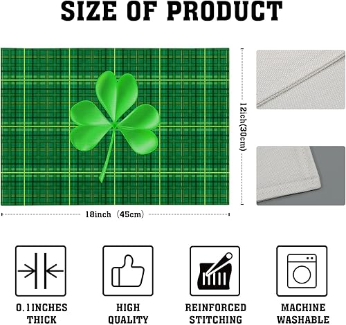 Miniatura 4 de Juego de 4 manteles individuales de trébol del día de San Patricio, manteles individuales lavables para el hogar, cocina, comedor, fiesta, 12 x 18