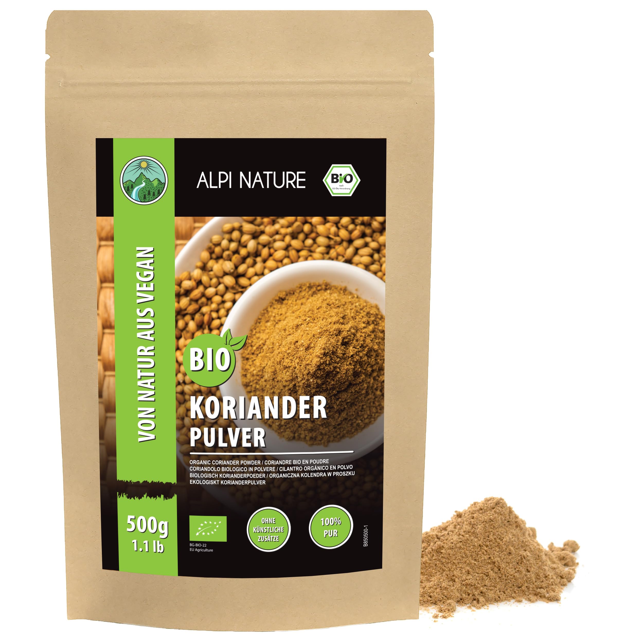 Alpi Nature Coriandre en Poudre BIO 500g, Poudre de Graines de Coriandre Moulue pour la Cuisine