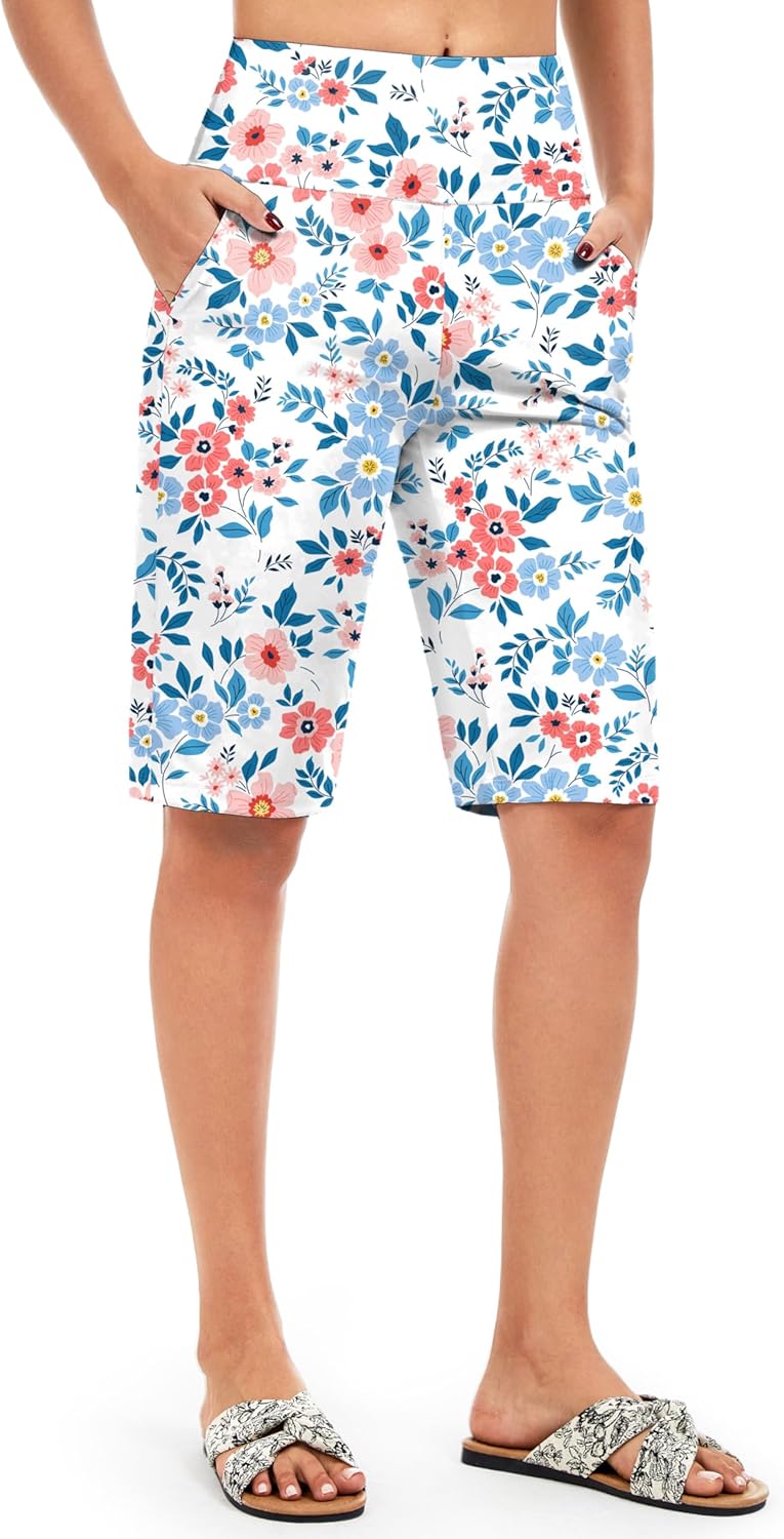 Blouty Women's 12" Bermuda Long Shorts Knee Length with Pockets High Waisted Stretch Shorts for Women Summer Walking