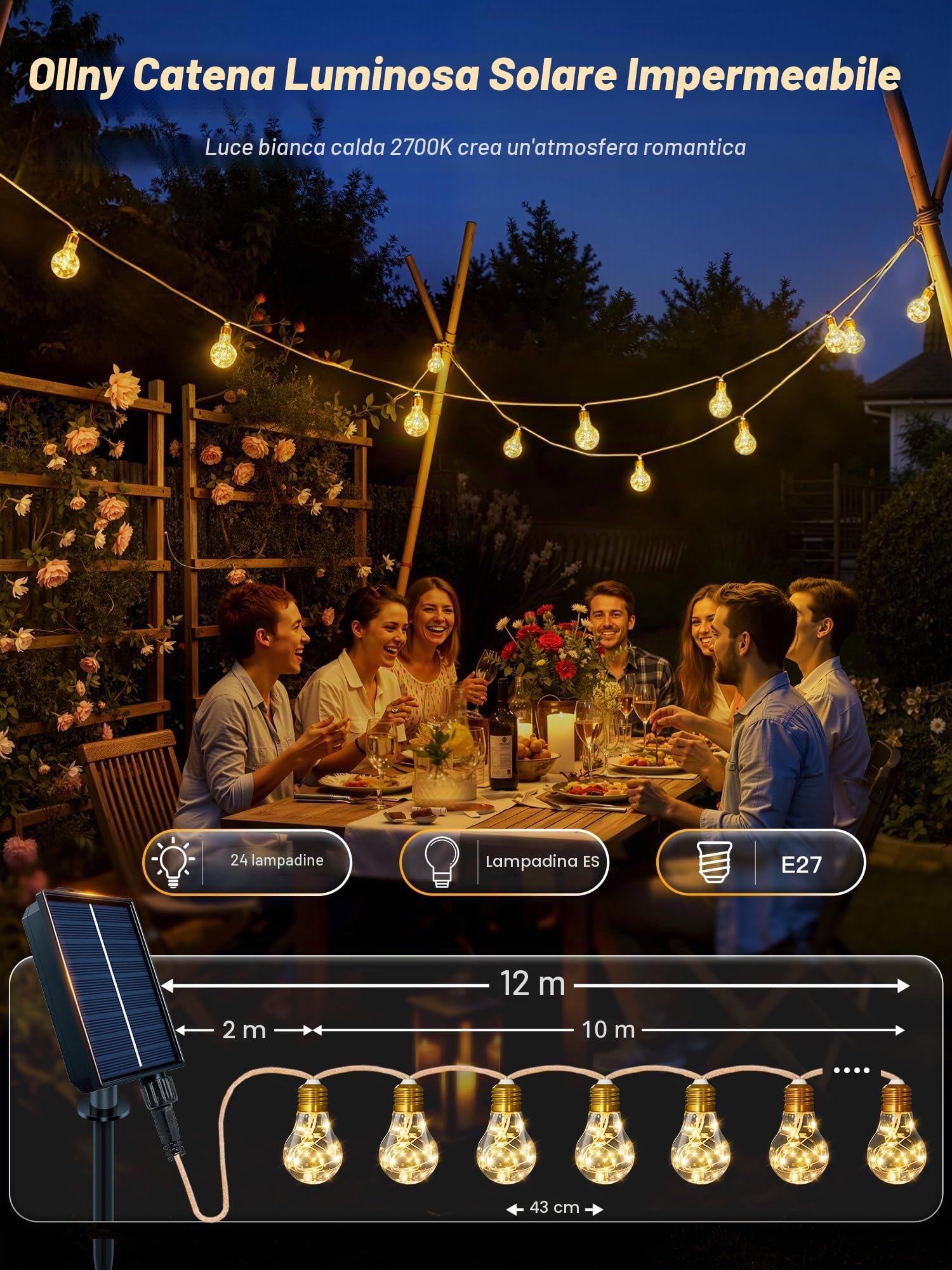 Ollny - Ghirlanda luminosa solare per esterni, 24 lampadine 12M, ghirlanda resistente alle intemperie, 8 modalità, timer, dimmerabile, USB, per giardino, balcone, terrazza, matrimonio, festa vintage