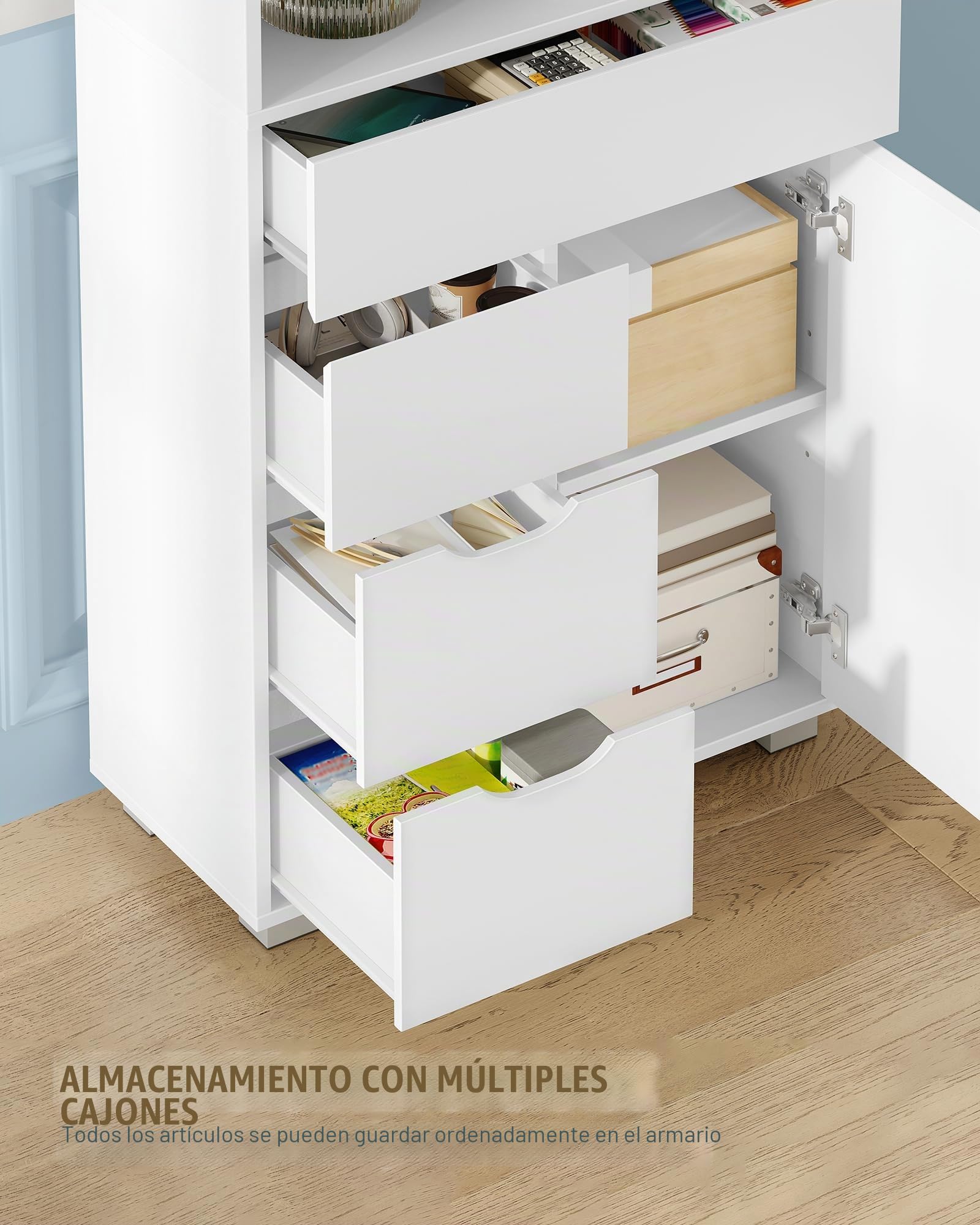Hzuaneri Armario Alto Baño, Columna Baño, 30 x 60 x 190 cm, Blanco | 4 Cajones y 3 Puertas, Estantes Ajustables, Moderno, Para Cocina y Salón, SC15503X