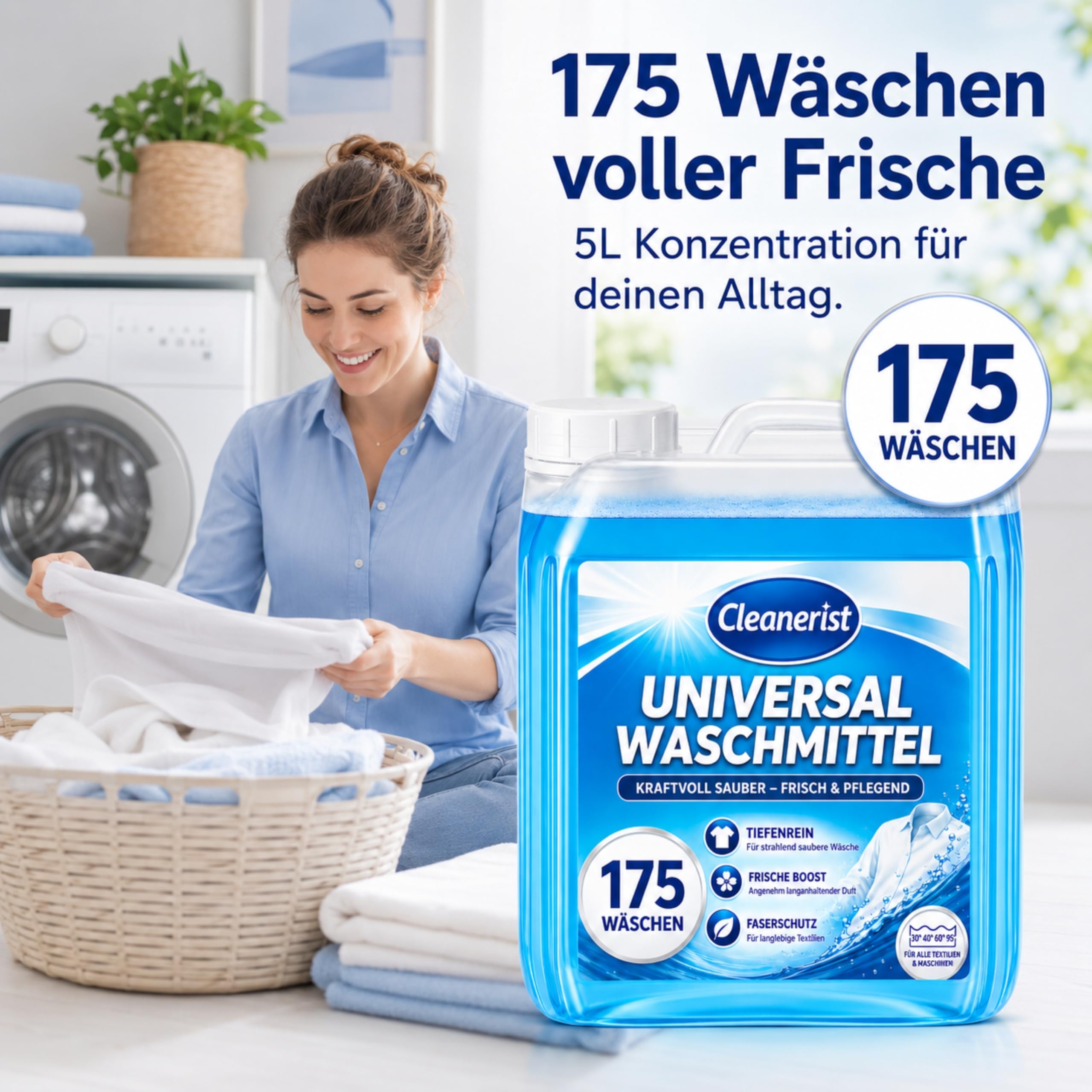 Cleanerist | Universal Flüssigwaschmittel Vollwaschmittel – 2x 5L Großpackung – für Weiß- Bunt- Schwarz- und Kochwäsche – bis zu 400 Waschladungen – inkl. Ausgießer – Made in Germany