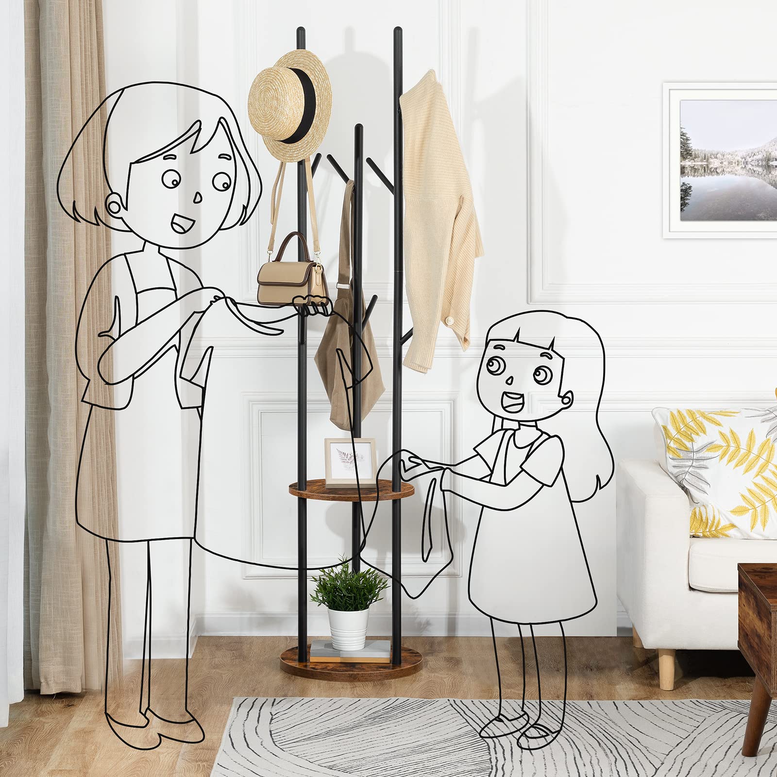 HOOBRO Garderobenständer, Freistehender Kleiderständer, Garderobe in Baumform mit 8 Haken, 2 Runde Ablagen, für Kleidung, Hut, Tasche, Wohnzimmer, Schlafzimmer, BüroDunkelbraun-Schwarz EBF33YM01G1