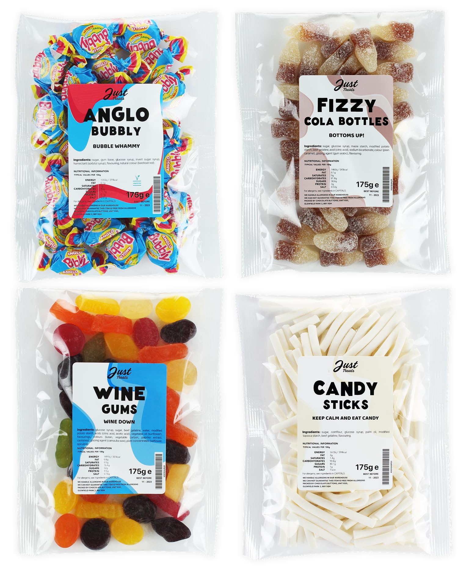 Just TreatsSweet Quartet - Anglo Bubbly, White Candy Sticks, Fizzy Cola Bottles, Lion Wine Gums (4 x 175g Bags) - 1,9,21,29