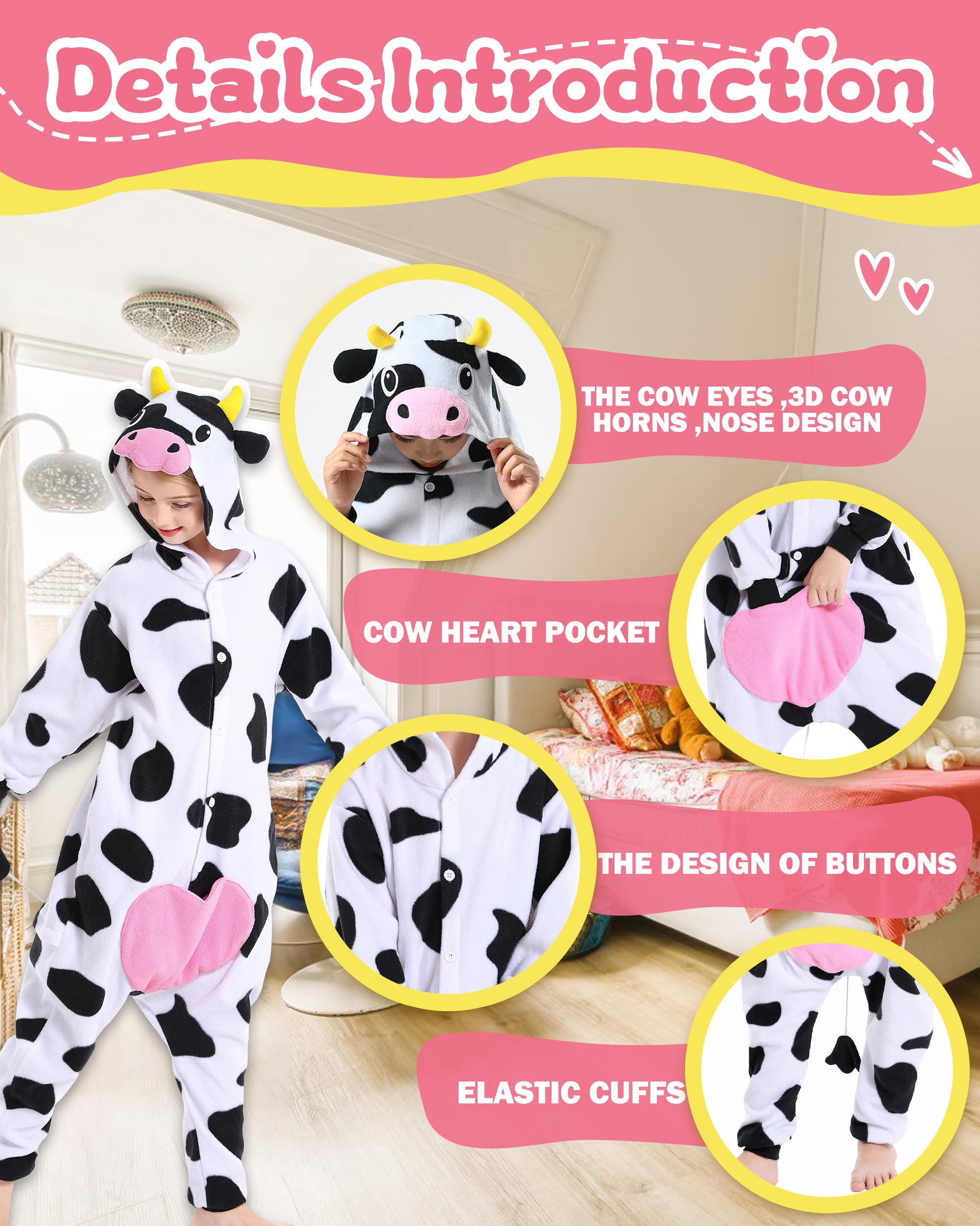 CANASOUR Cow Onesie Kids Halloween Cosplay Costume Girls One Piece Pjs Anime Unisex Hoodie Pajamas For 8-10 Years Boys Party Pyjamas (Height 51-55”, 8 Years, Cow)