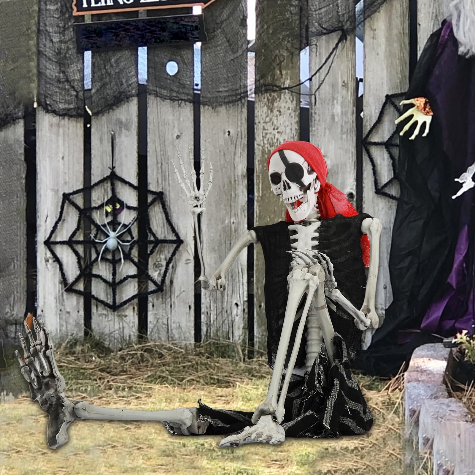 Grebest Szkielet na Halloween, szkielet naturalnej wielkości, możliwy szkielet całego ciała z ruchomymi stawami, strój pirata, wiszący rekwizyt szkieletu do wewnątrz/na zewnątrz nawiedzony dom