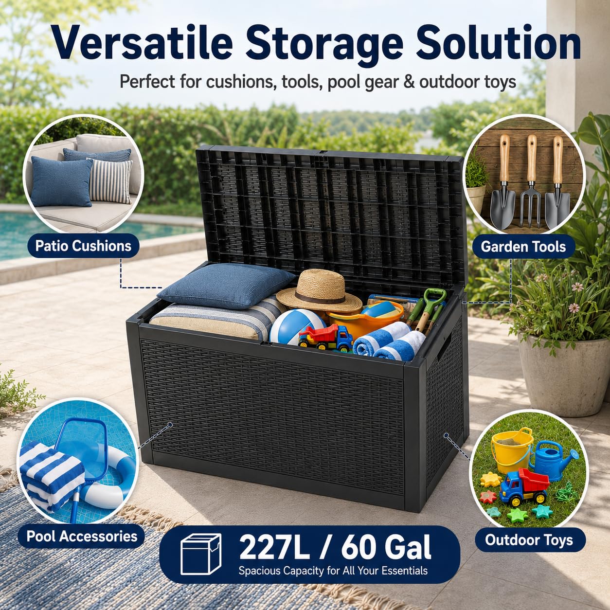 60 Galloni Baule da Esterno, Contenitore da Terrazzo in Resina 227L con Coperchio Bloccabile, Effetto Rattan Resistente all’Acqua per Cuscini, Attrezzi, Piscina, Giochi, Patio e Giardino