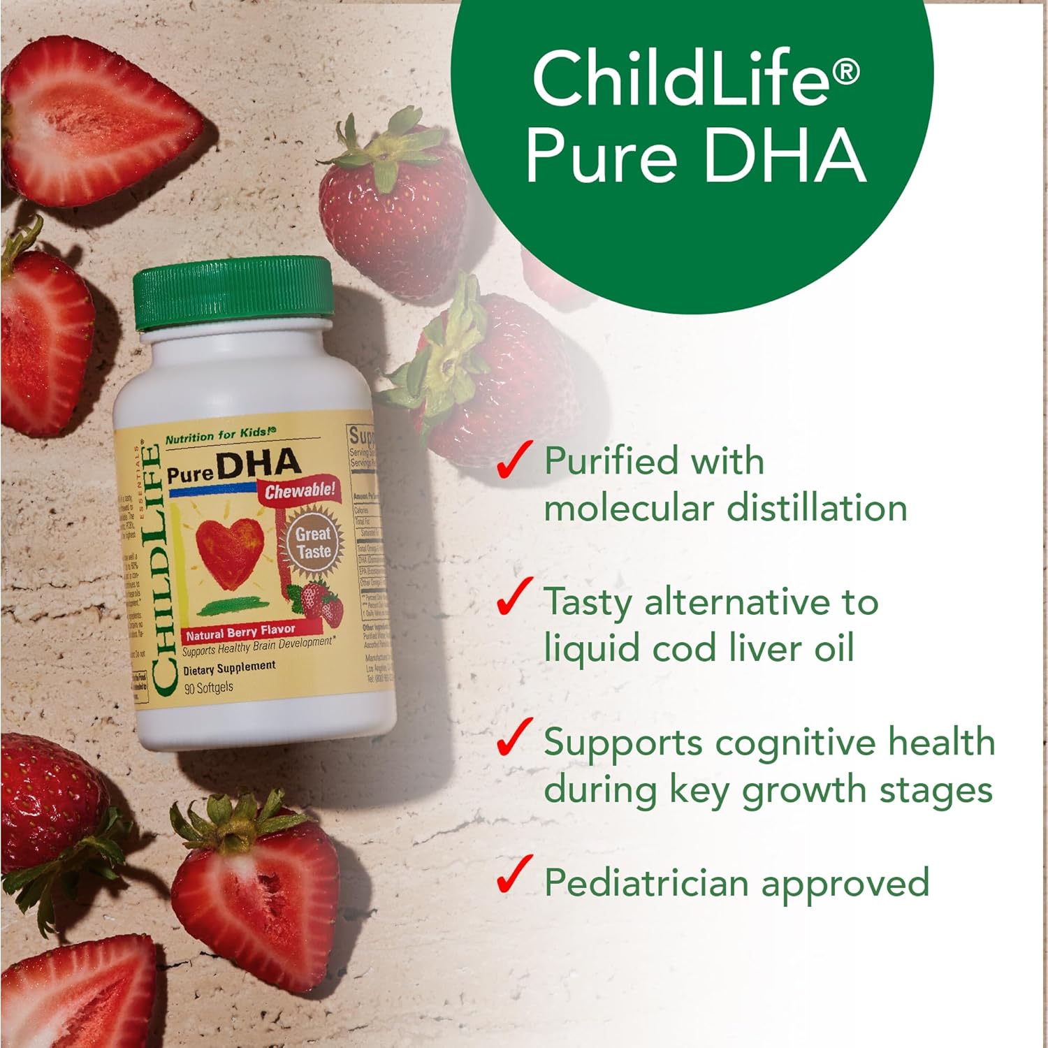 CHILDLIFE ESSENTIALS Pure DHA for Kids - DHA Supplements, DHA EPA Omega 3 Supplement, Children DHA Chewables, Baby DHA, Fish Oil for Toddlers, Gluten Free - Natural Berry, 90 Softgels (Pack of 3)