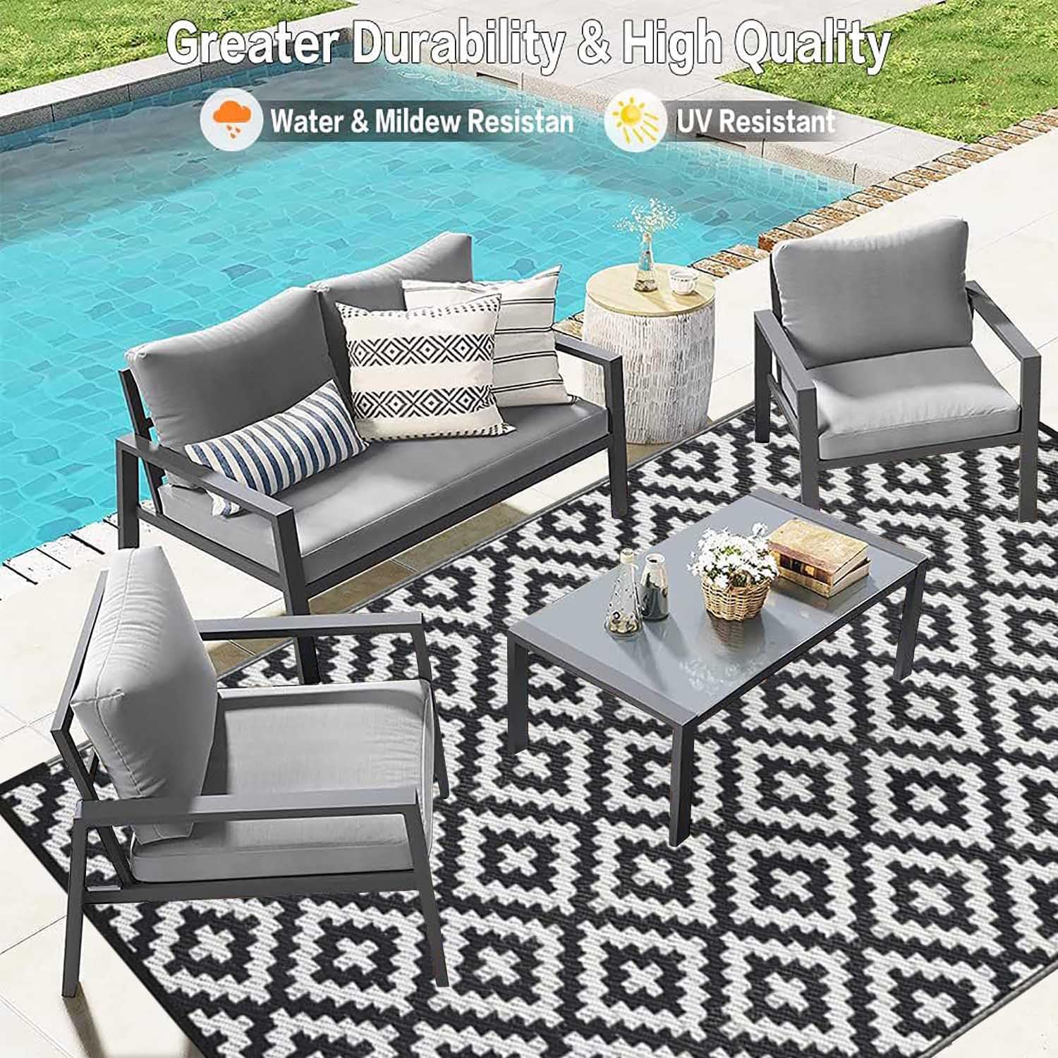 Tapis Terrasse d'extérieur Imperméable Grand Noir et Blanc,Tapis Exterieur Tissage,Tapis de Jardin Pliable Réversible Tapis de Exterieur pour Patio,Porche, Balcon,4x6ft/120x180cm
