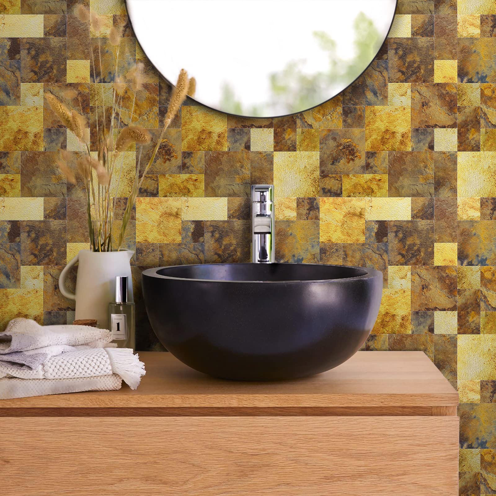 TenasHome 10-Sheets Metal Backsplash Peel and Stick Tile Stick on Kitchen Bathroom Fireplace 3D Brushed Puzzle in Retro Ash Gold