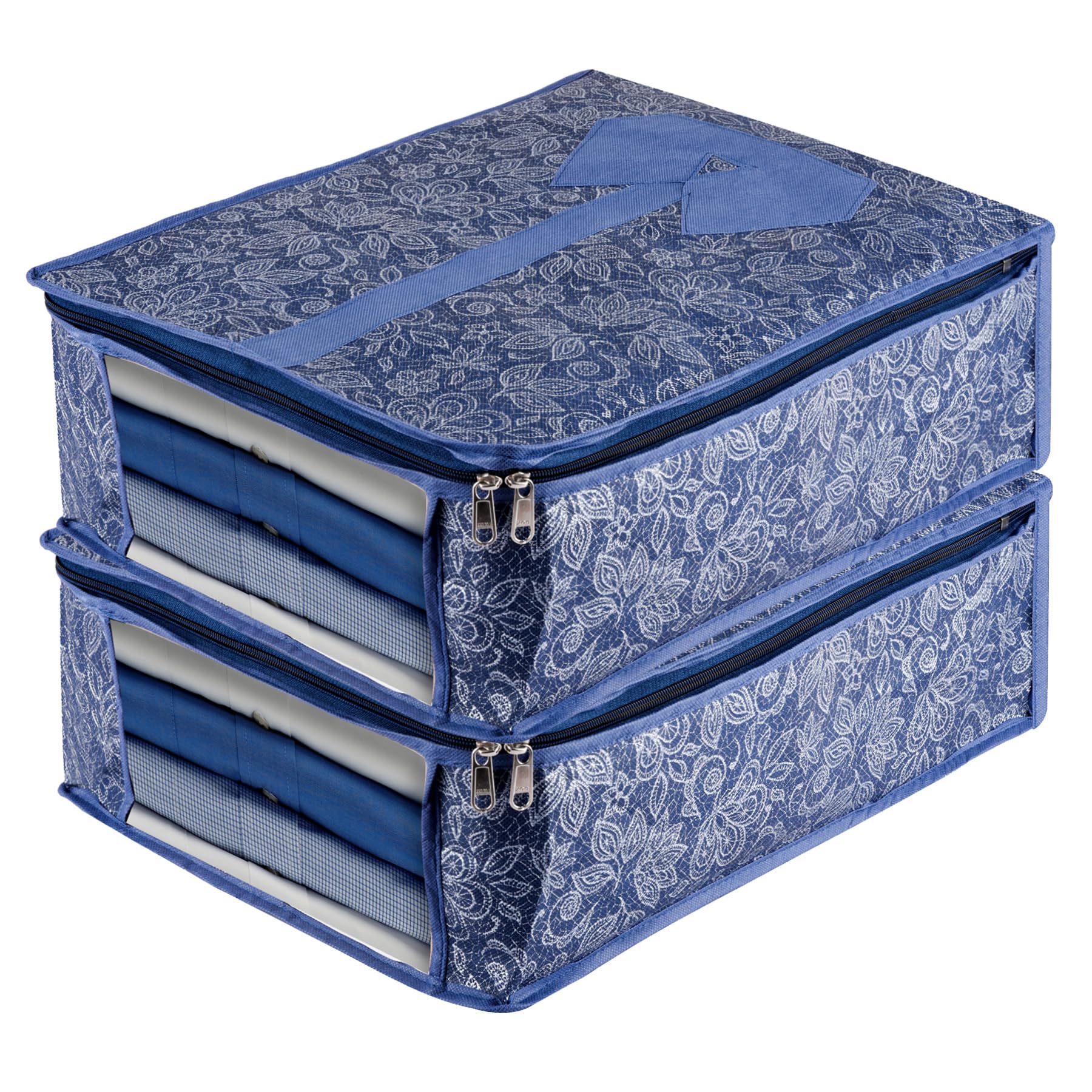Kuber Industries Pack of 2 Shirt Storage Bag | Wardrobe Storage Bag | Shirt Organizer for Closet | Clothes Storage Bag | Visible Window Shirt Bag | Flower Printed Shirt Cover | Navy Blue