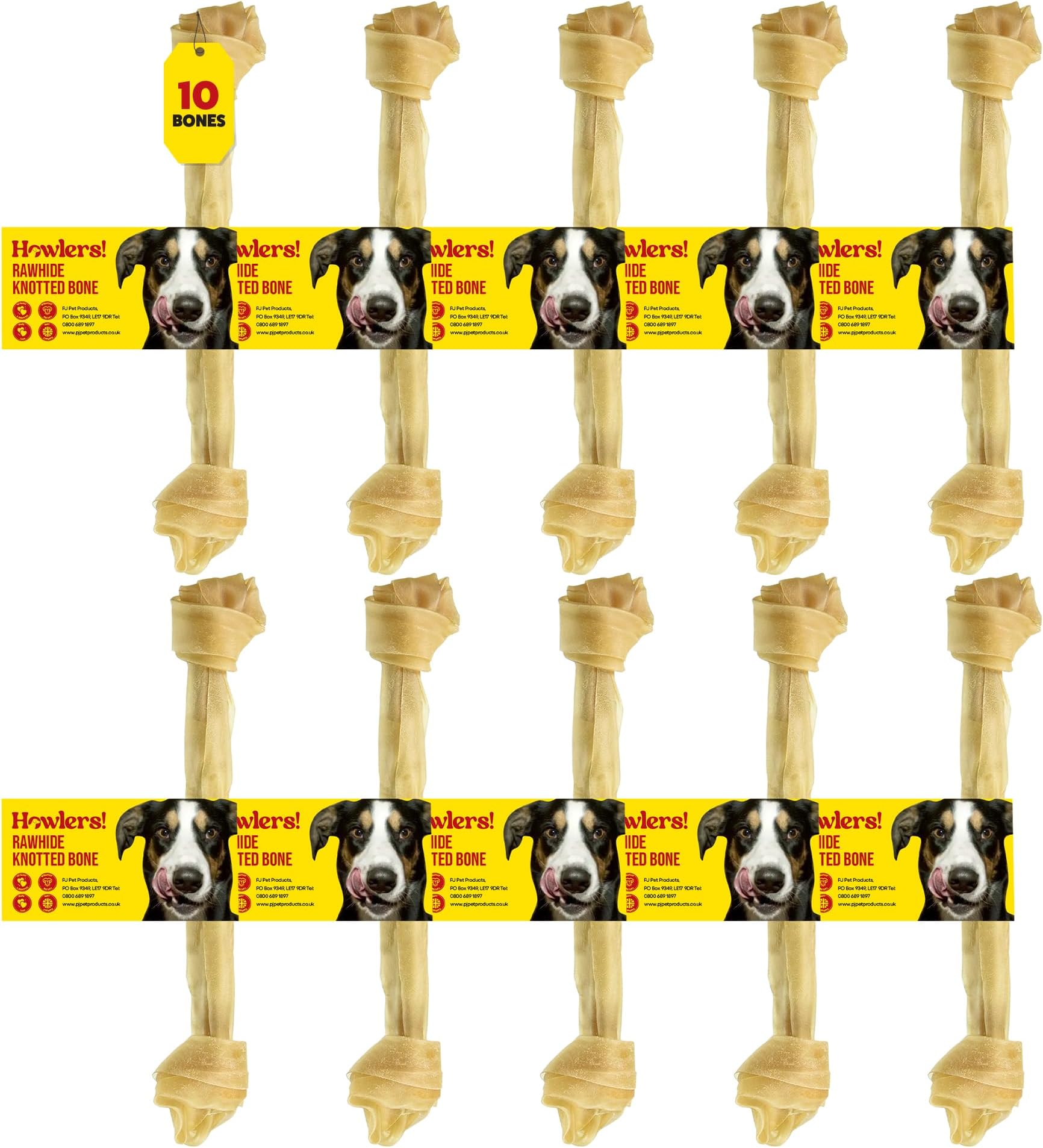 HOWLERS 31cm Pack of 10 Natural Knotted Dog Bone For Dogs | Dog Chews Long Lasting Natural Rawhide Bones | Dog Chew Great With Natural Ingredients
