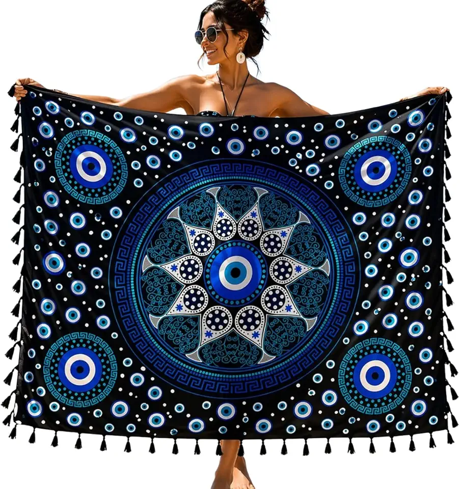 Canga de Praia Grande Mandala Olho Grego Proteção Saída de Praia Feminina 100x180cm Toalha Pareô Piscina Viagem em Poliéster