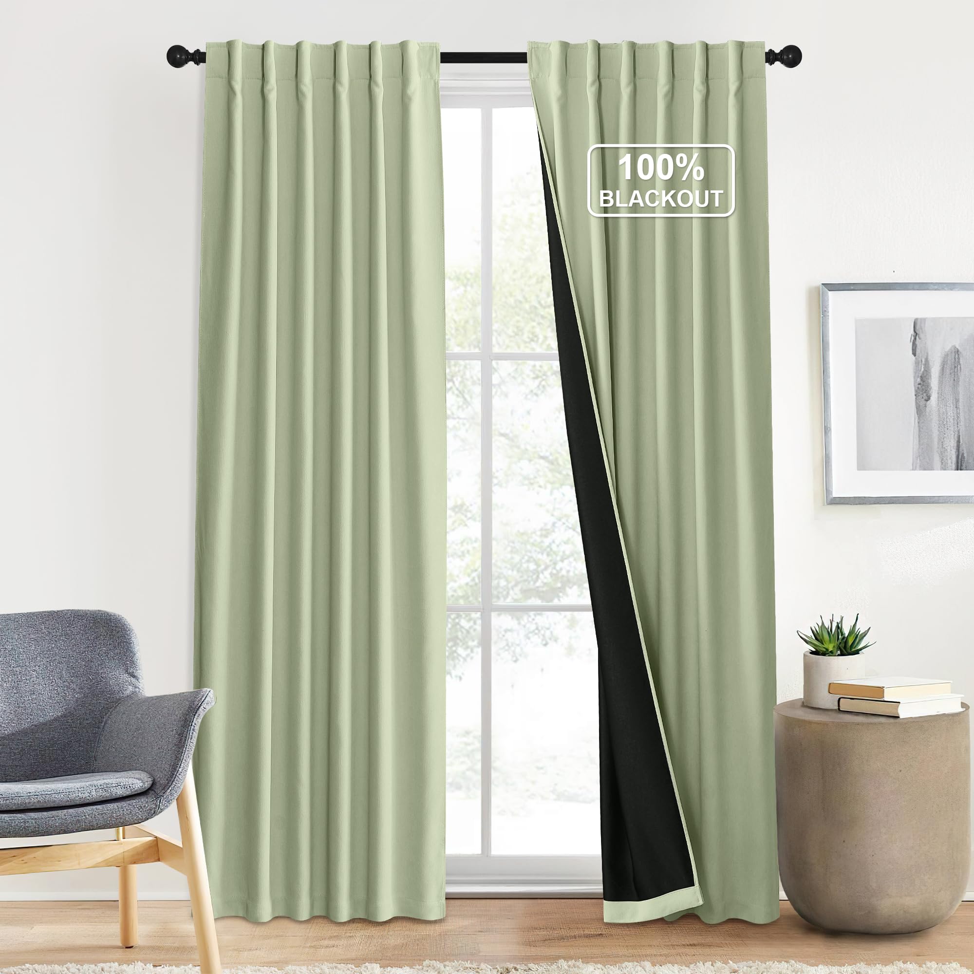 NICETOWN 100% Blackout Coconut Green Velvet Curtains 84 inches 2 Panels, Luxury Chenille Rod Pocket Back Tab Curtains for Bedroom Living Room Thermal Insulated Window Drapes, W52 x L84