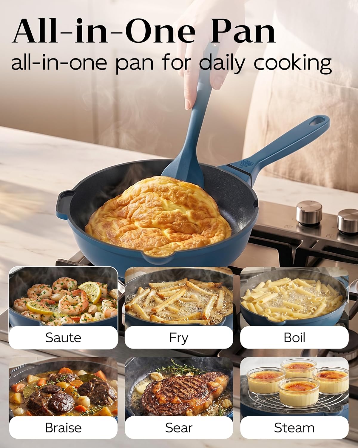 FDN 10-in-1 Titanium Saute Pan With Lid, 8 Inch Frying Pan With Silicone Spatula, Non Toxic PFAS-Free Cooking Pan, Induction Oven & Dishwasher Safe, Blue For Daily Cooking